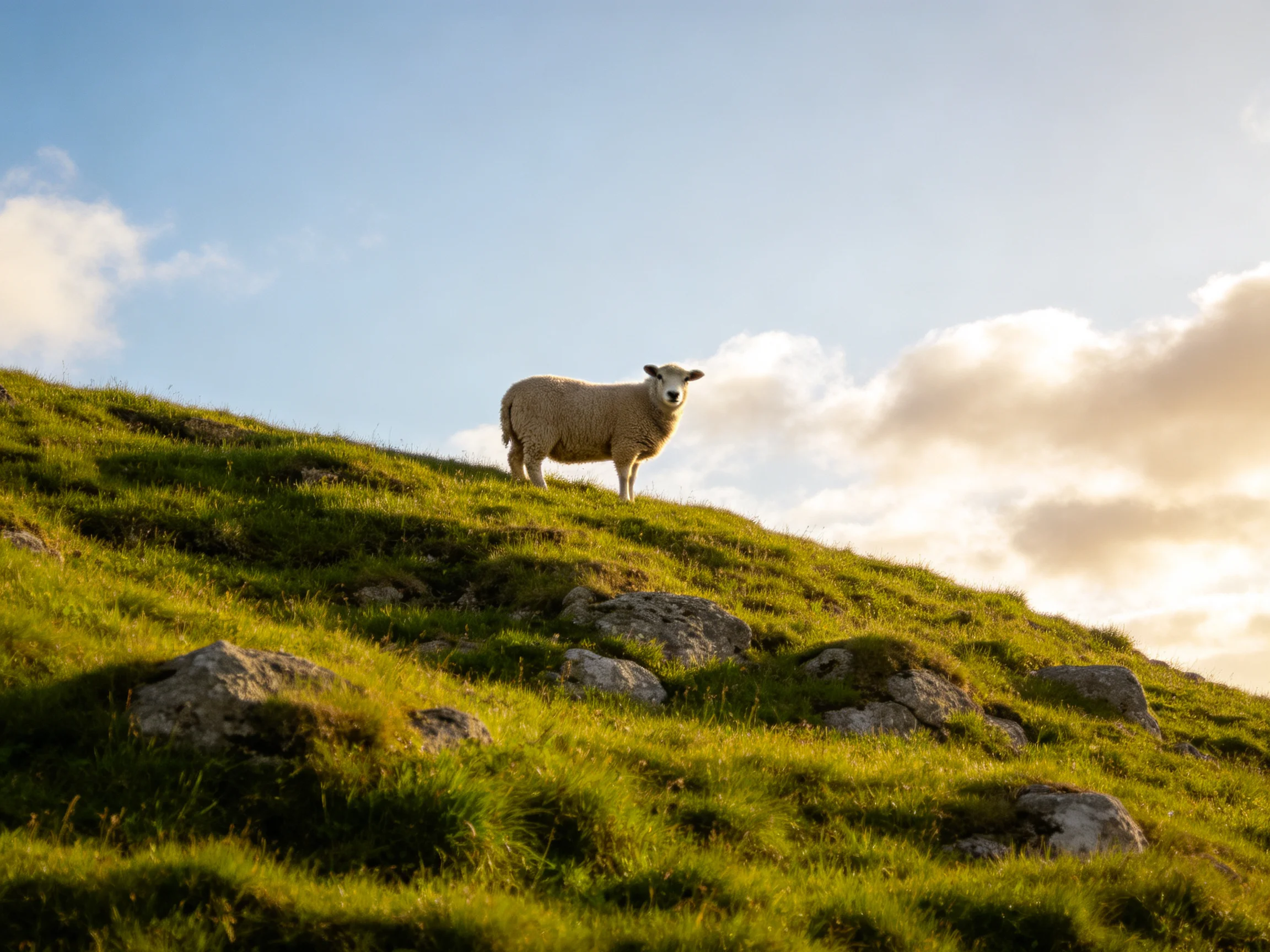 A sheep stands atop a lush green hillside with scattered rocks