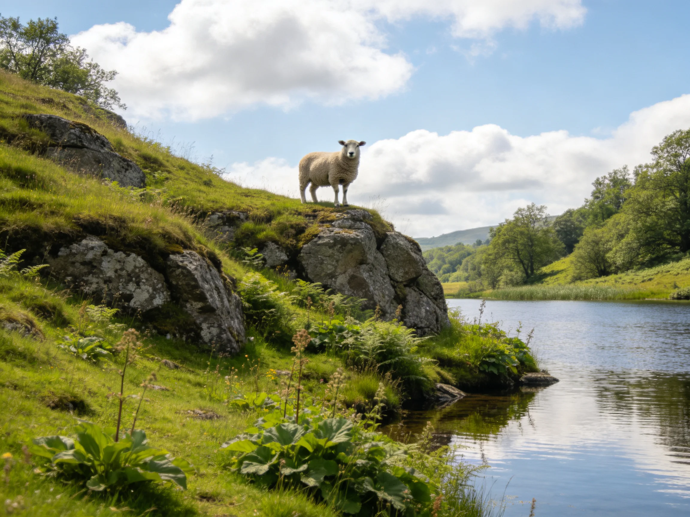 A sheep stands atop a moss-covered rocky cliff by a calm river