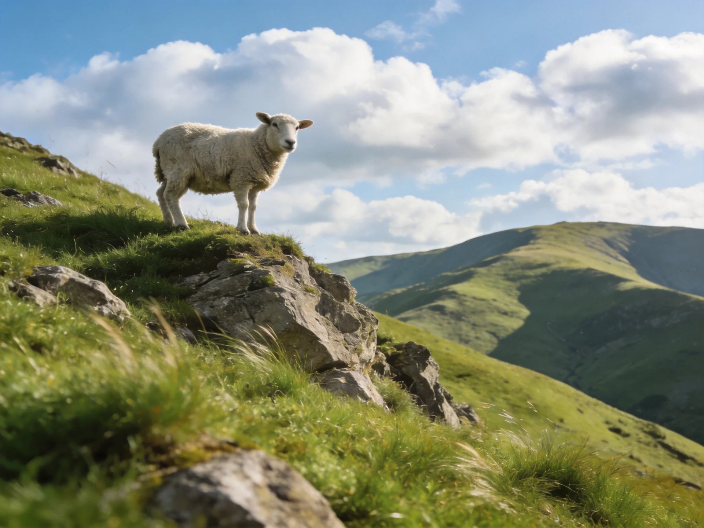 A sheep stands atop a rocky hillside with lush green hills