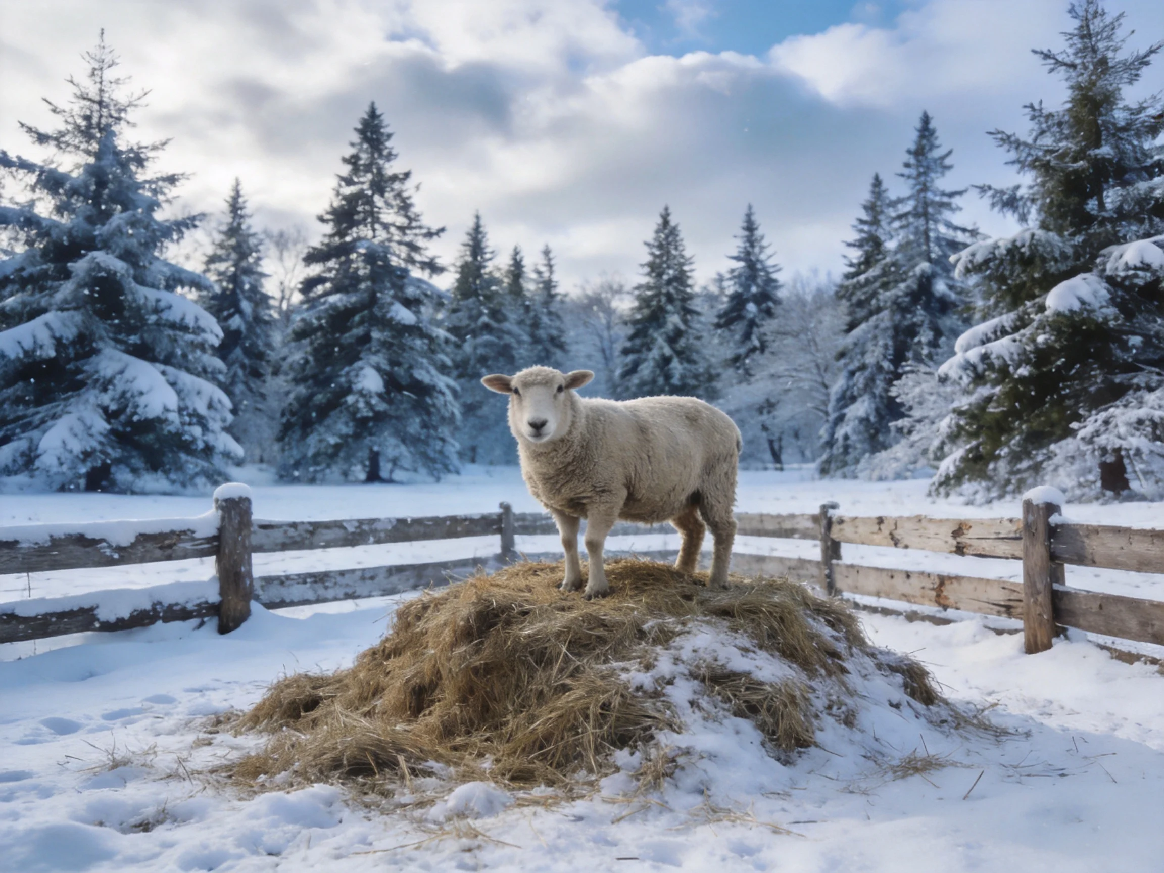 A sheep stands atop hay bale in snowy forest clearing
