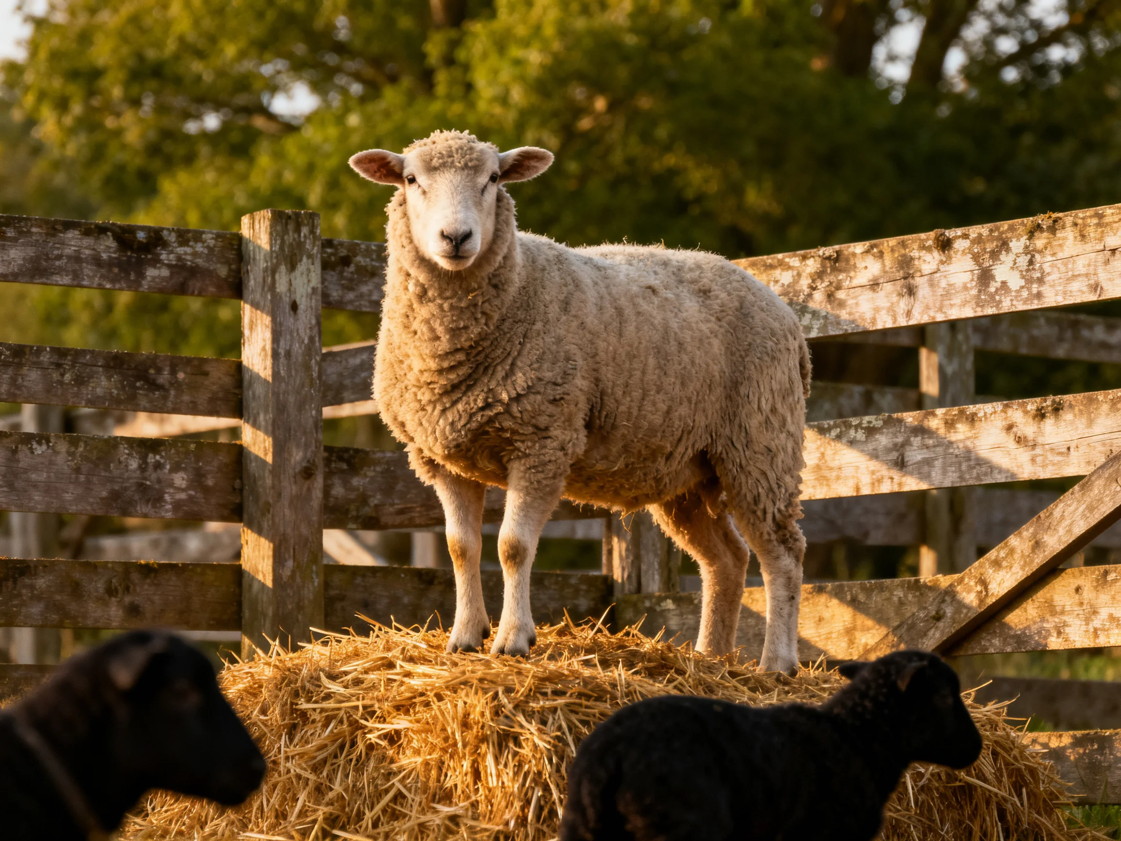 A sheep stands atop hay with black lambs near a wooden fence