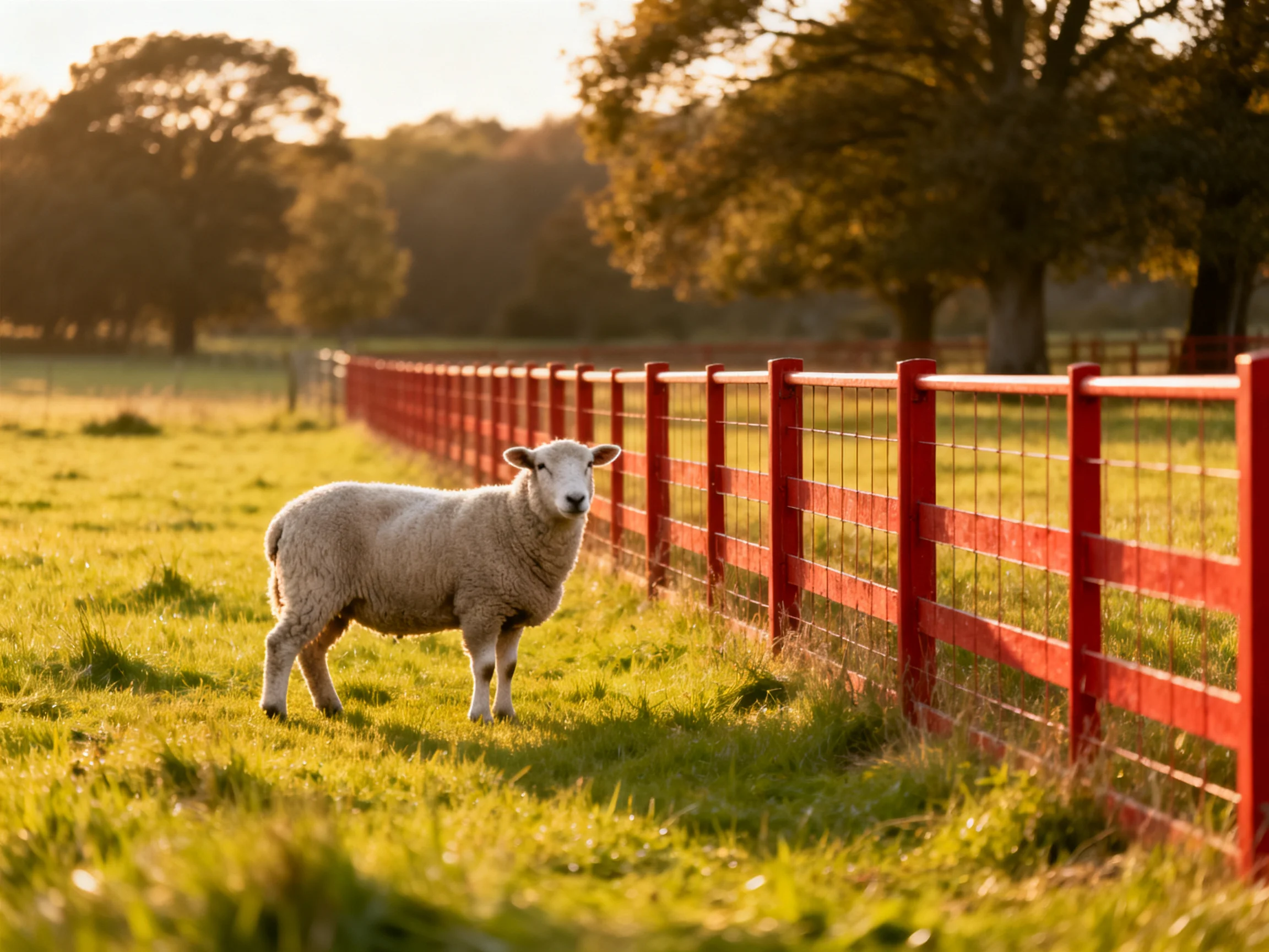 A sheep stands beside a bright red fence in a sunlit pasture