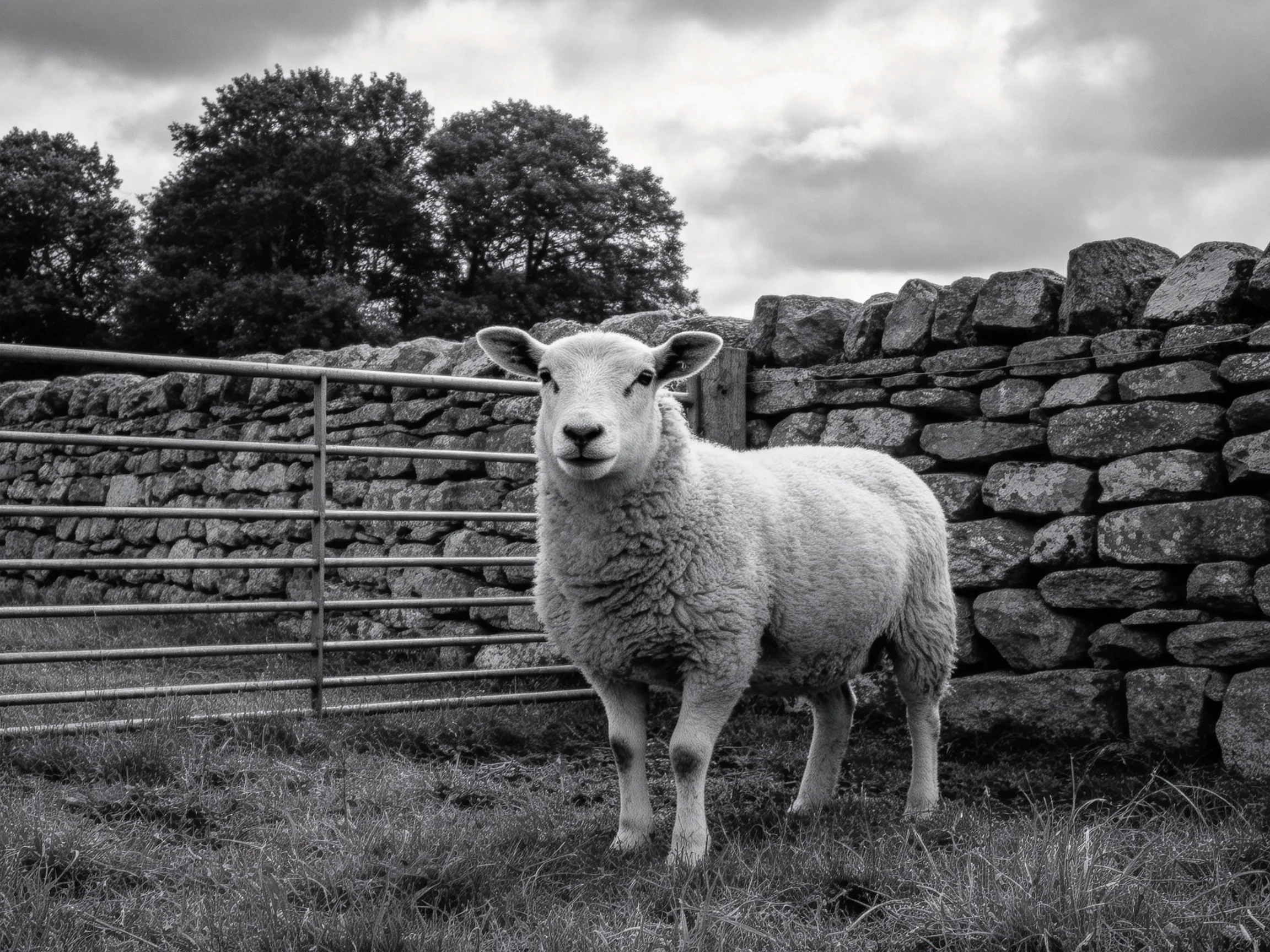 A sheep stands beside a stone wall with a metal gate under cloudy skies