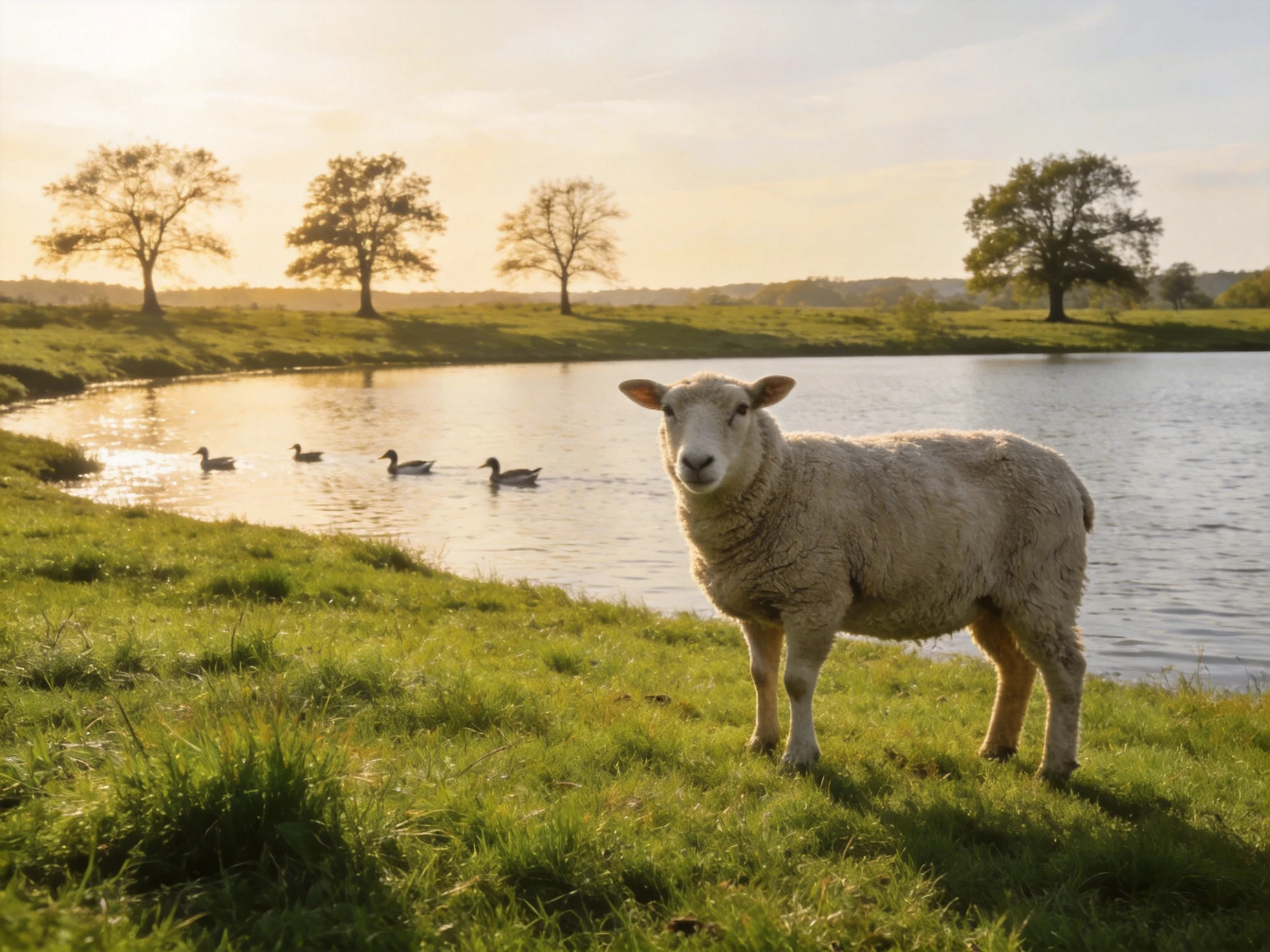A sheep stands by a pond with ducks swimming under golden sunlight