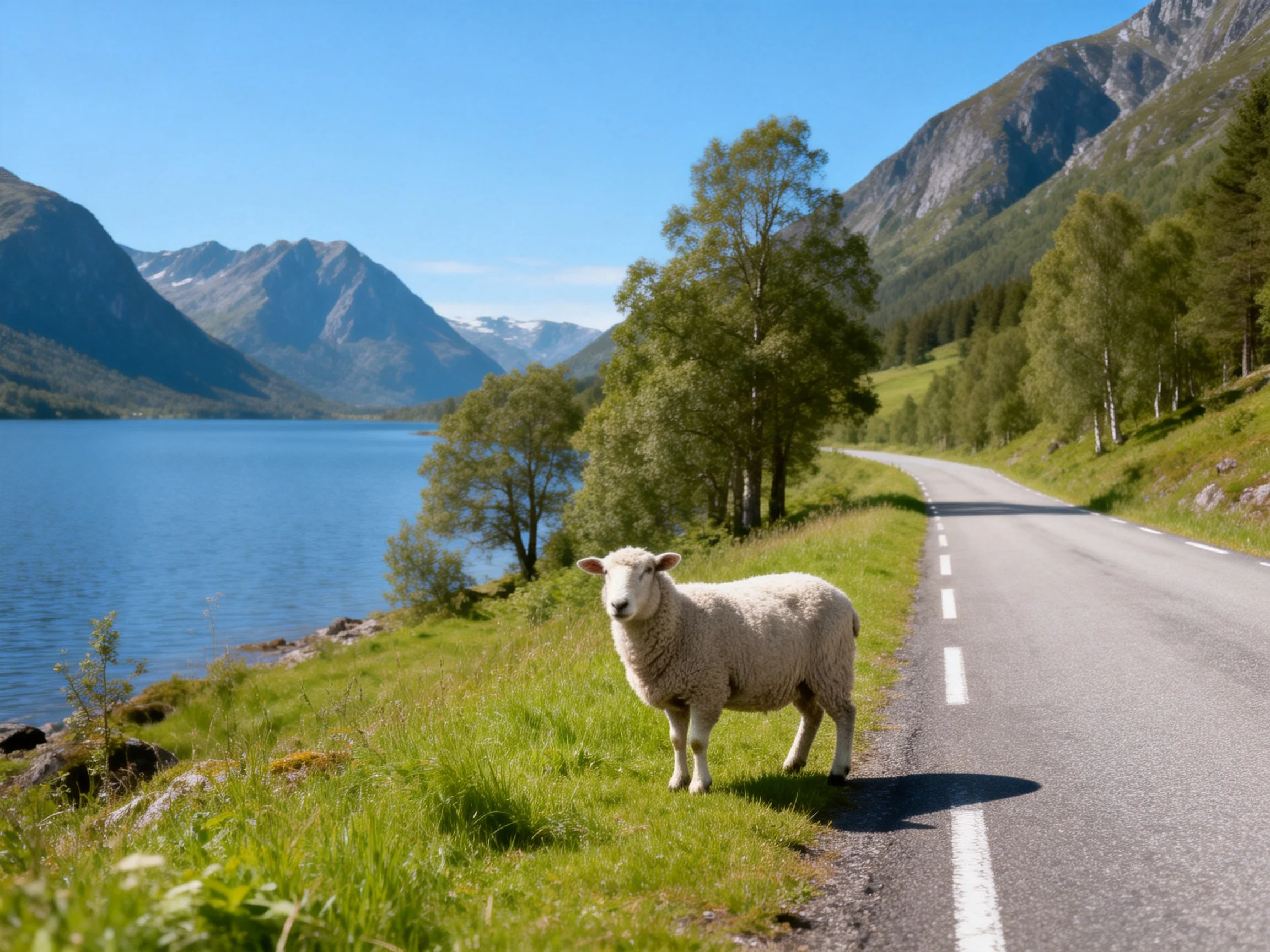 A sheep stands by a winding road near a blue lake and green hills