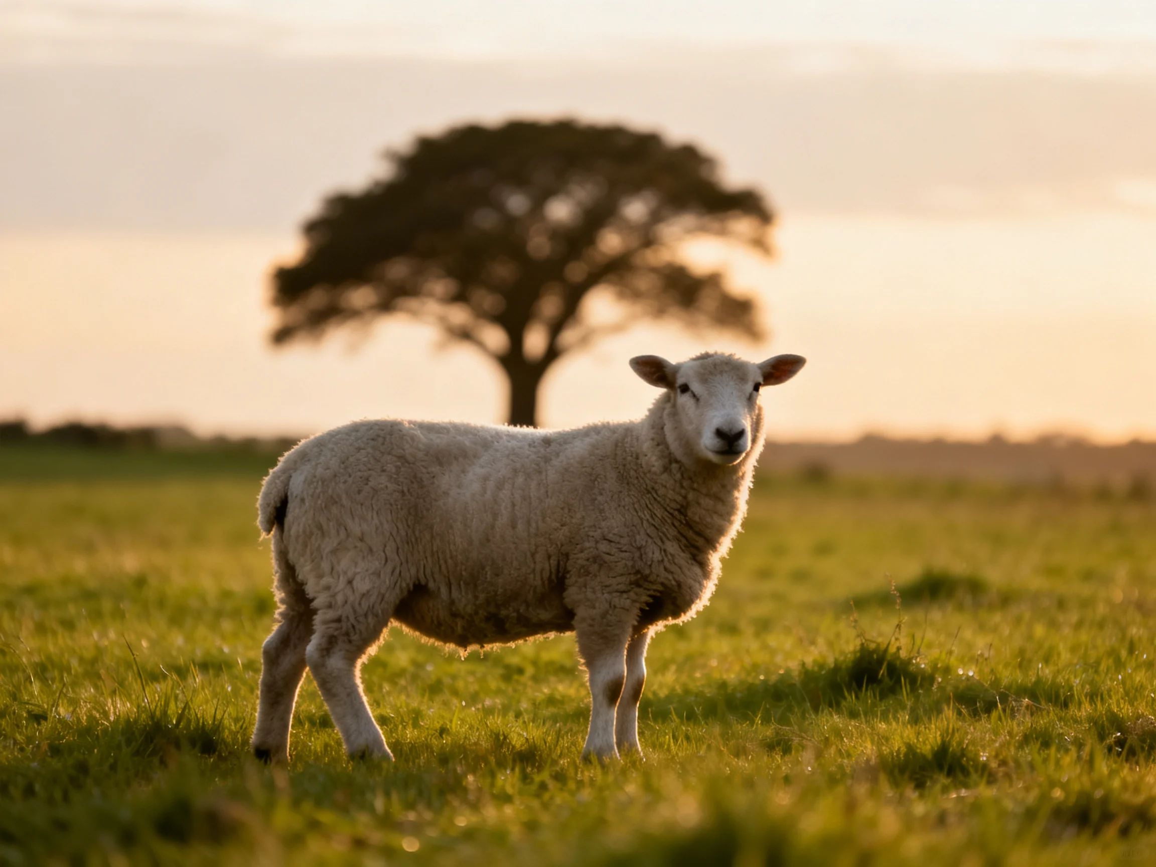 A sheep stands in a golden field near a large tree at dusk