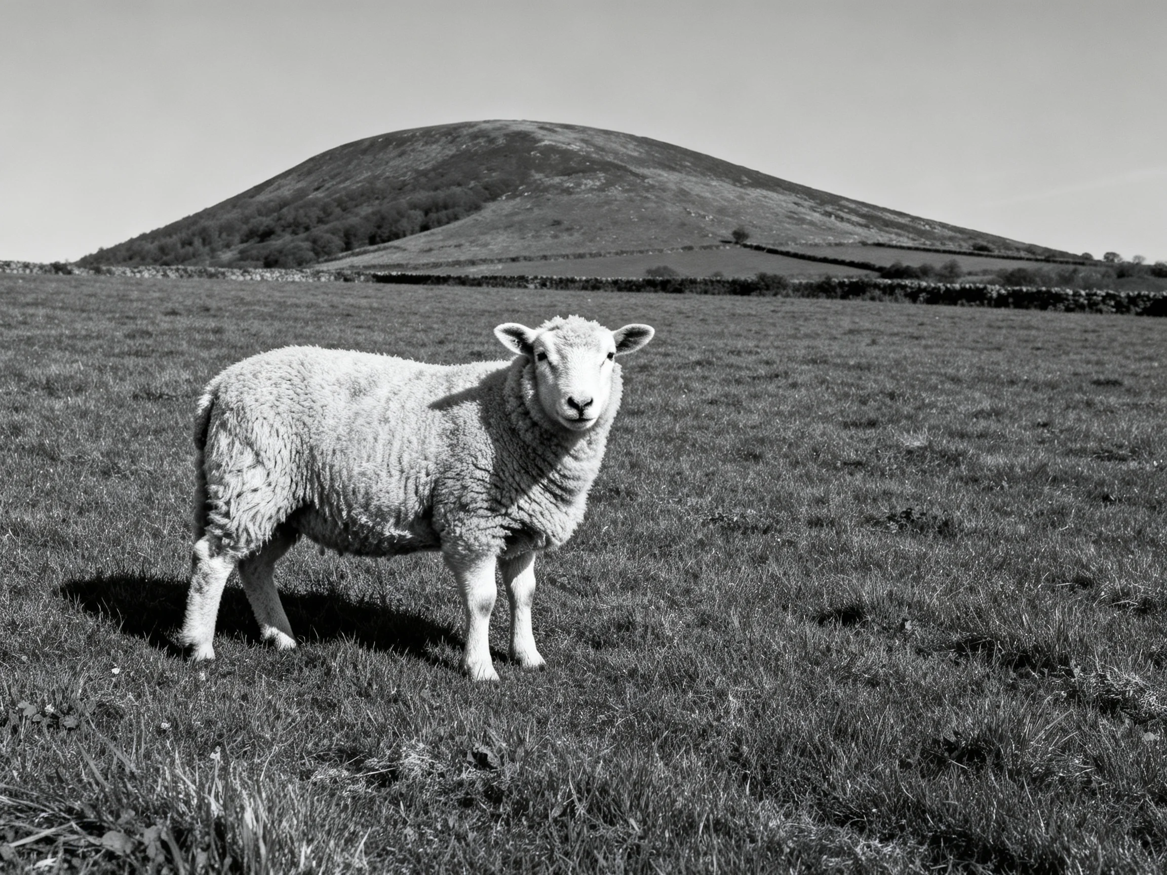 A sheep stands in a grassy field near a large rounded hill