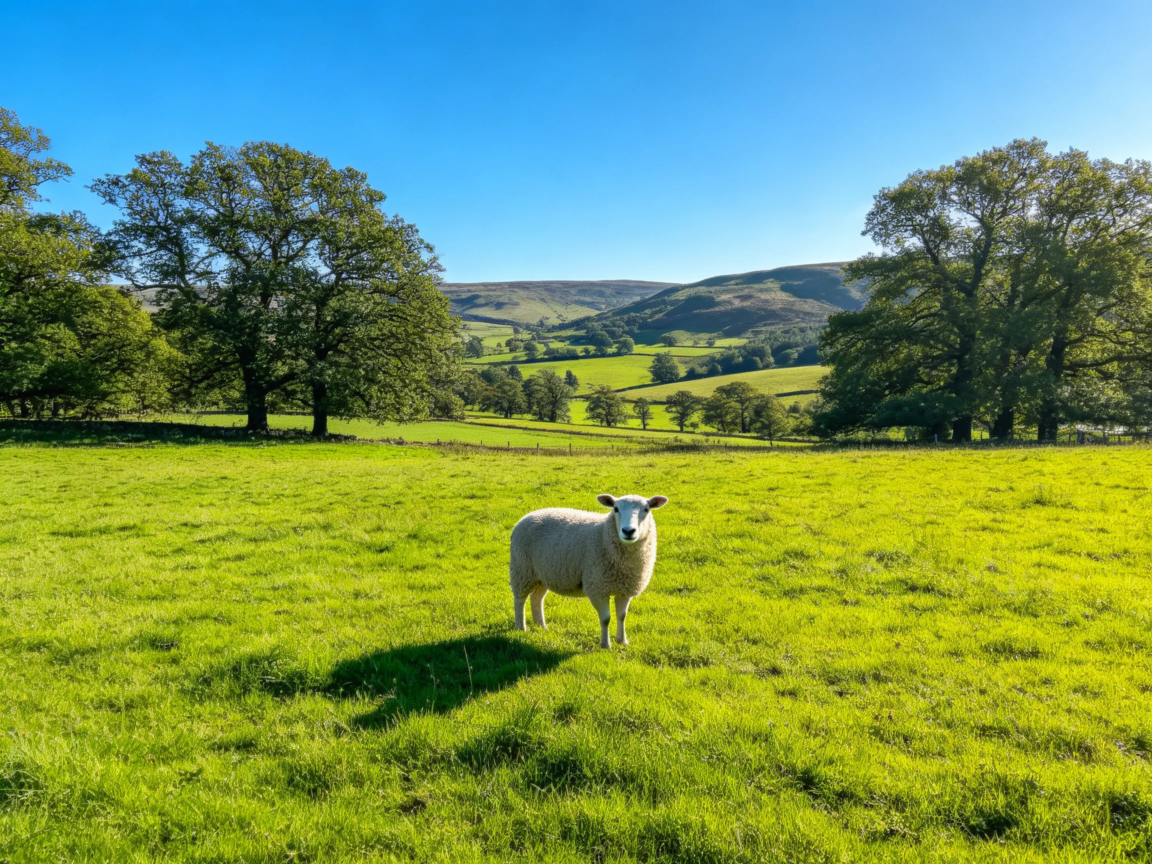 A sheep stands in a lush green meadow near large trees
