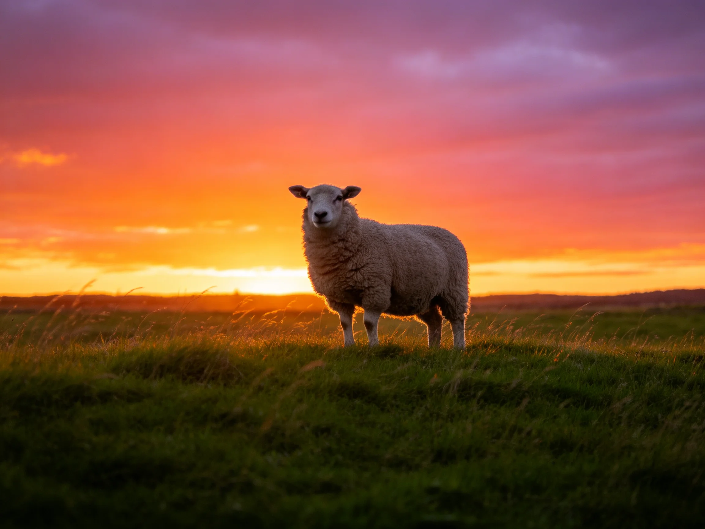A sheep stands in a lush green meadow under a vibrant sunset sky