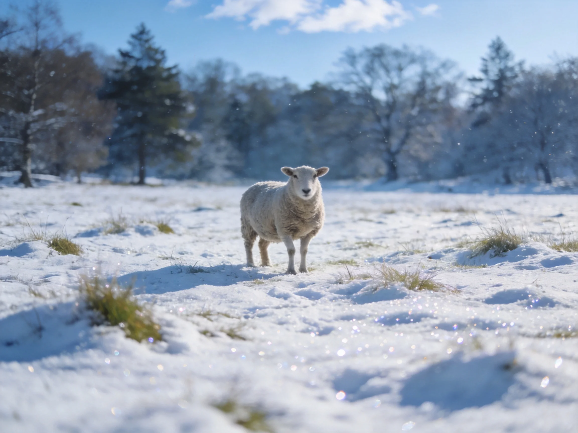A sheep stands in a snow-dusted field with distant trees