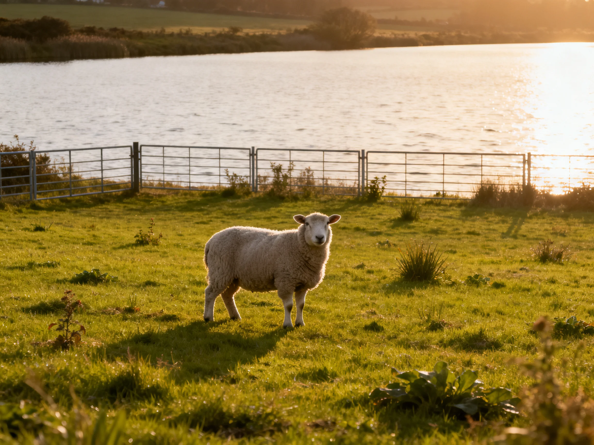 A sheep stands in a sunlit grassy field near a fenced waterway