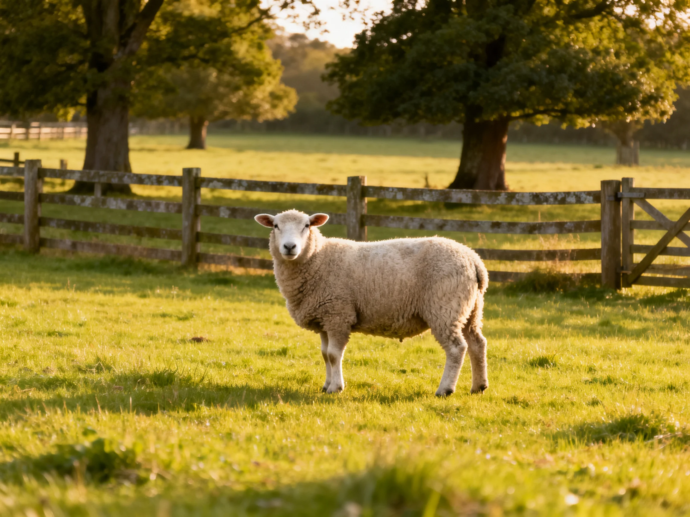 A sheep stands in a sunlit green pasture near wooden fences