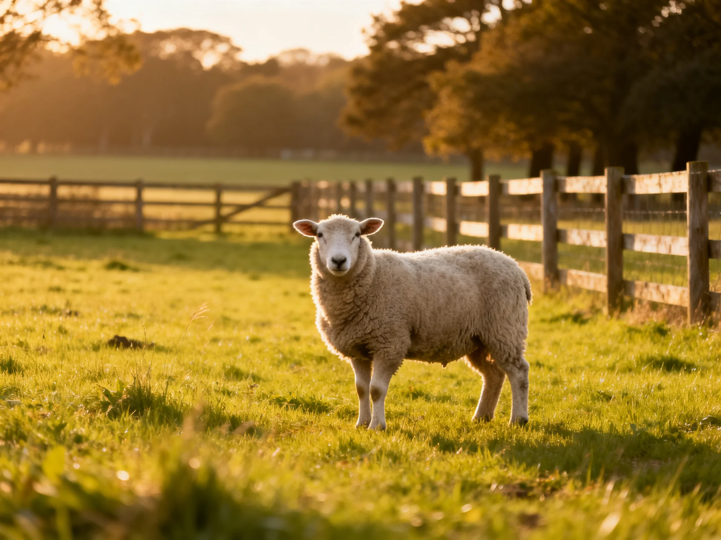 A sheep stands in a sunlit green pasture near wooden fences