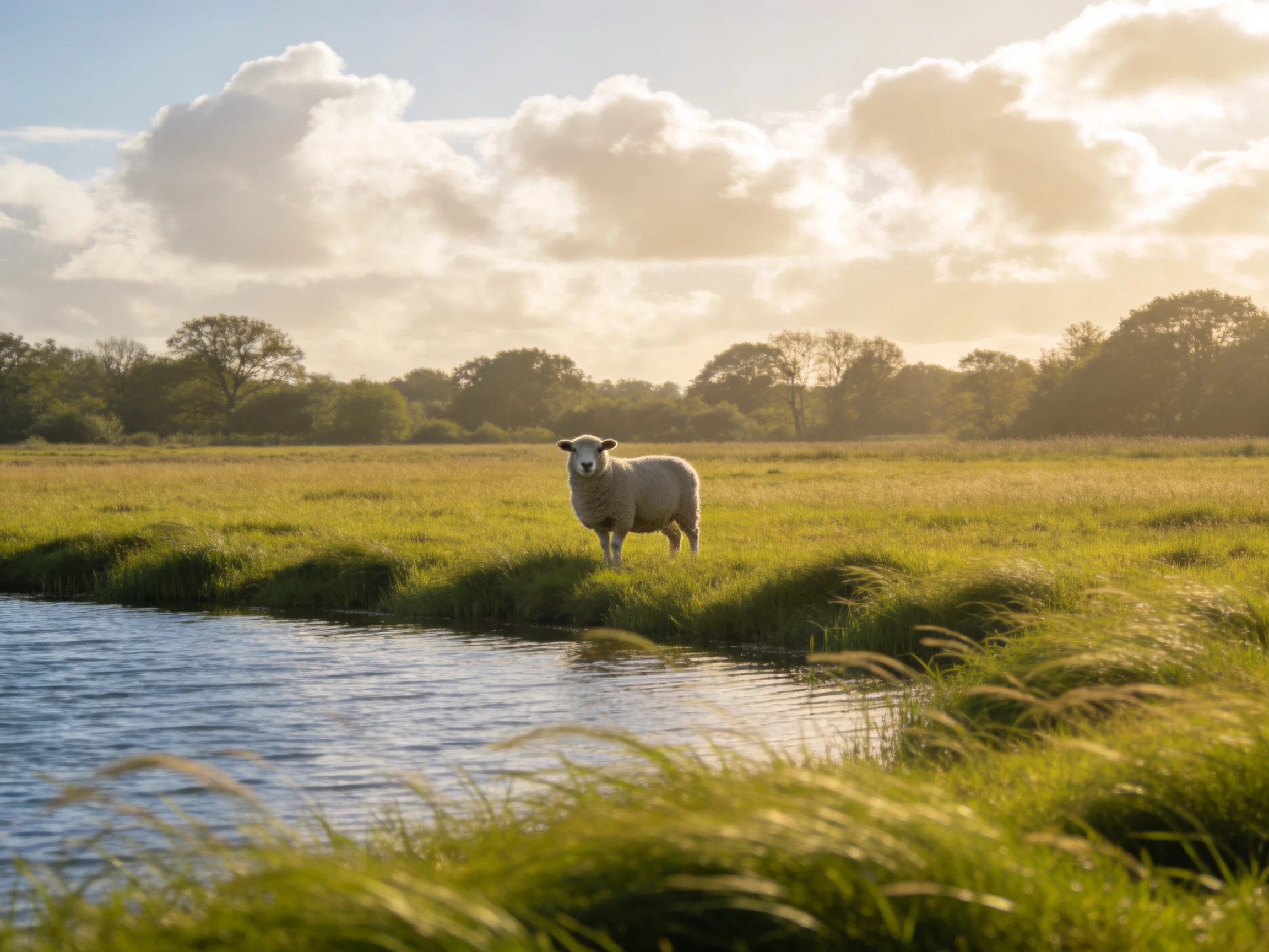 A sheep stands near a calm stream in a golden meadow