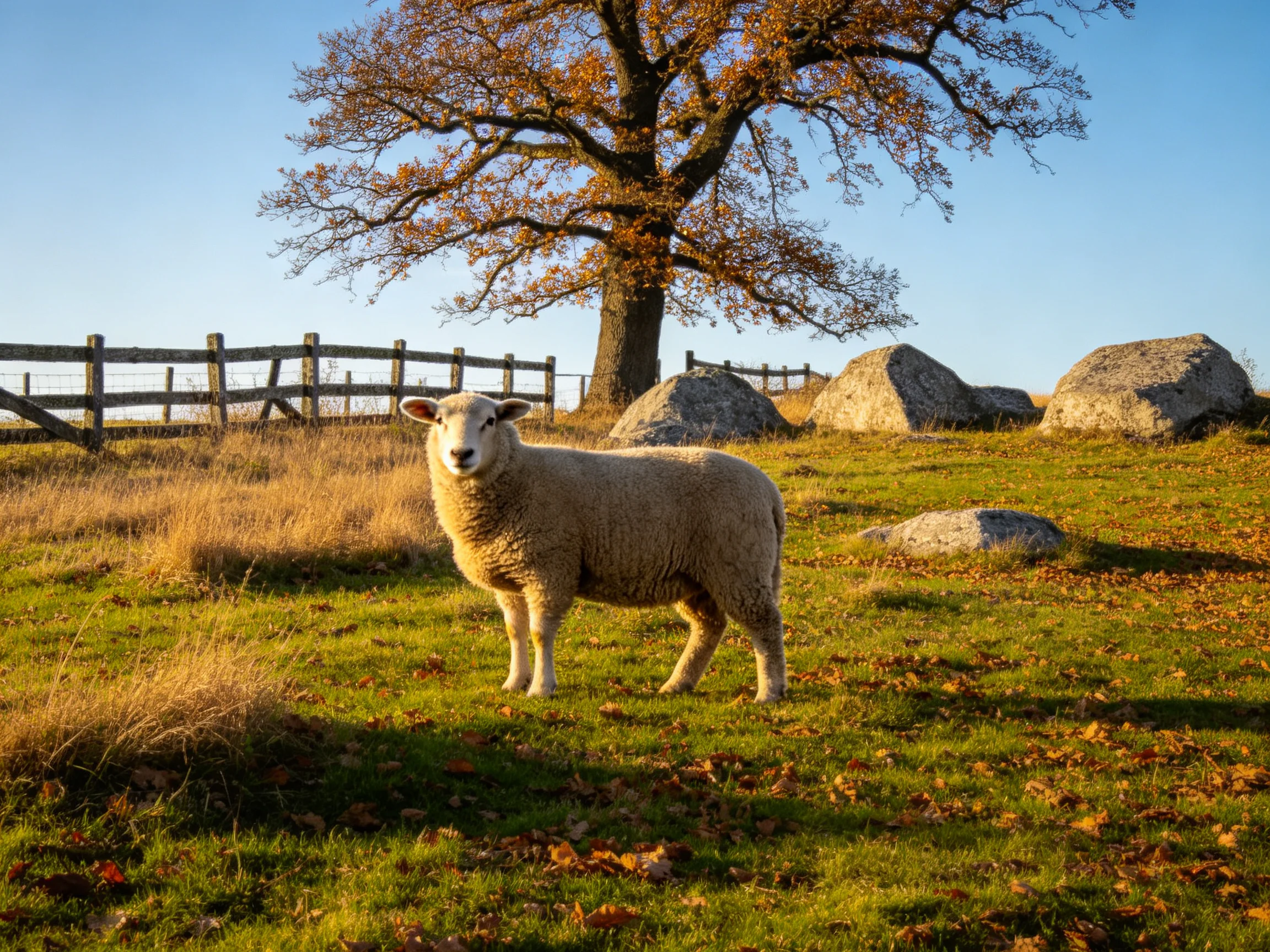 A sheep stands in a sunlit field with a large tree, rocks, and a fence.
