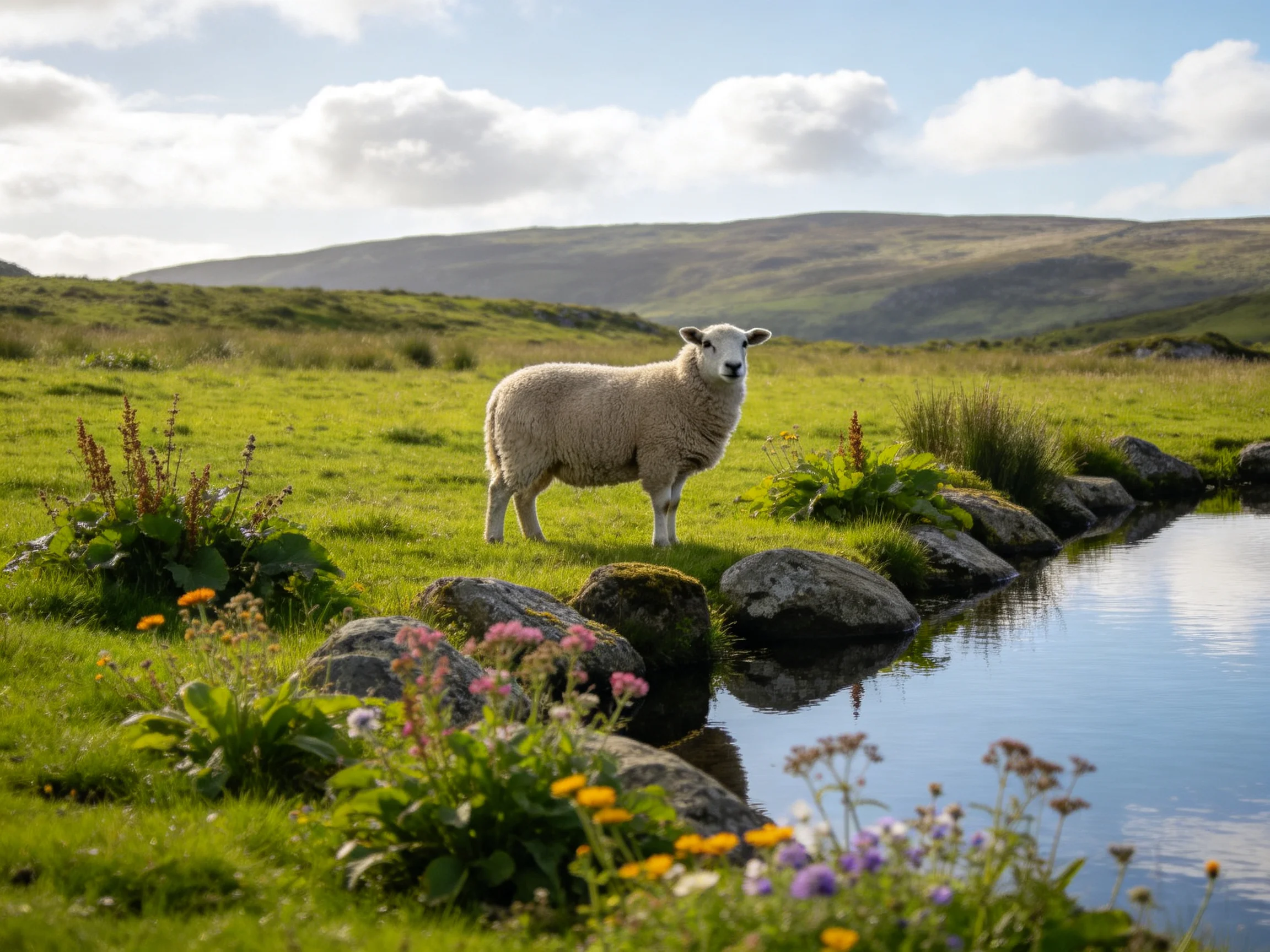 A sheep stands near a rocky stream in a lush green meadow
