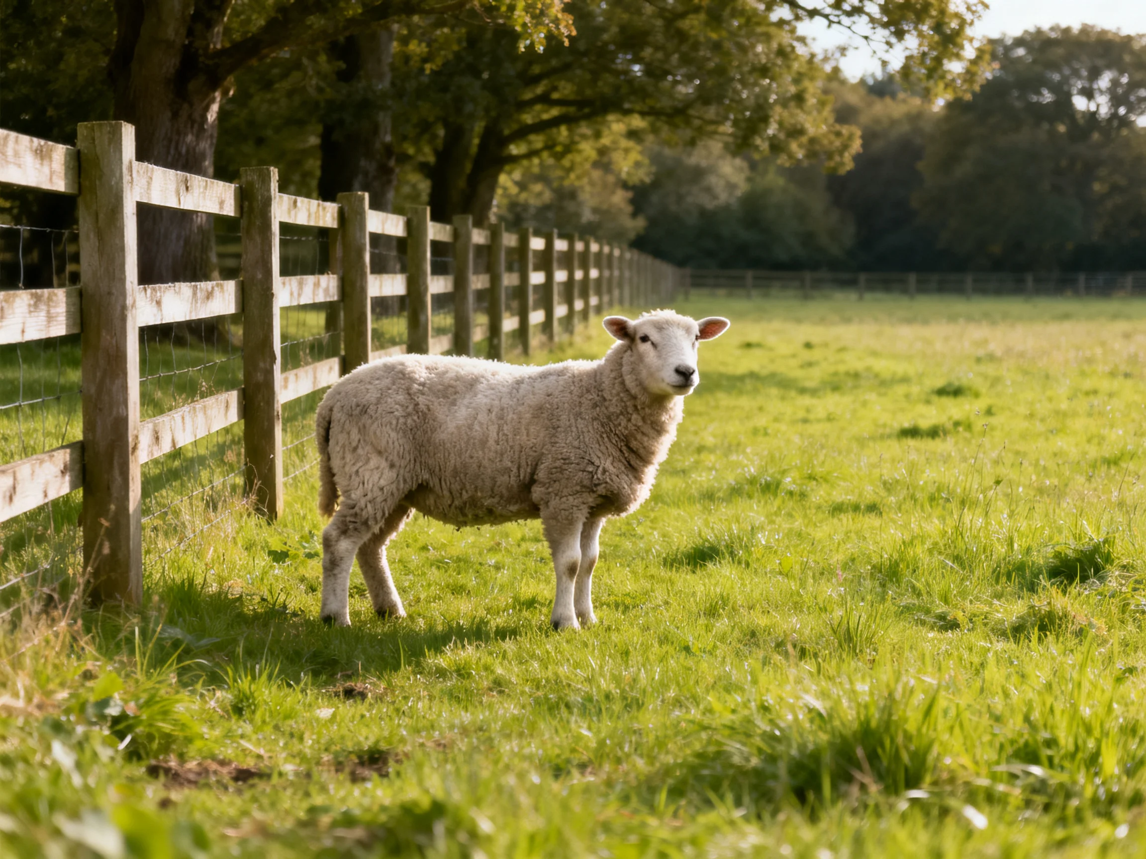 A sheep stands near a weathered wooden fence in a sunlit meadow