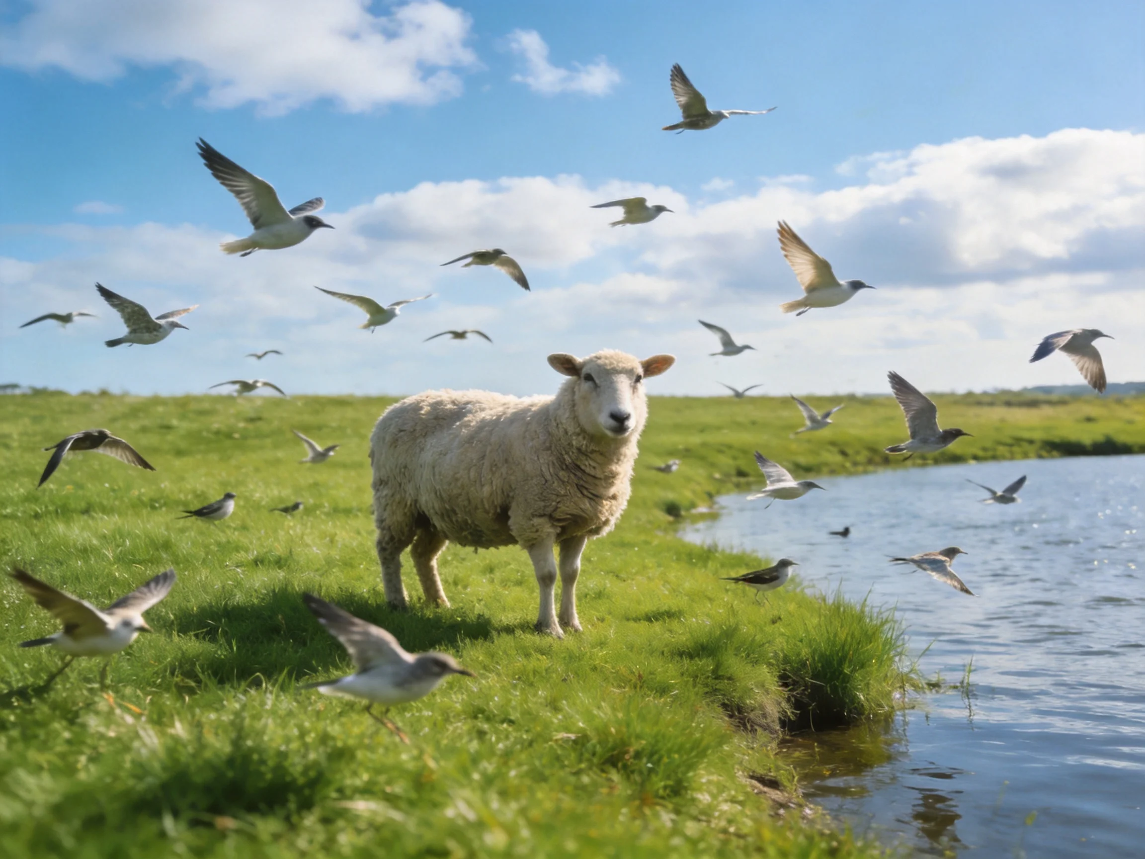 A sheep stands near water with numerous flying birds