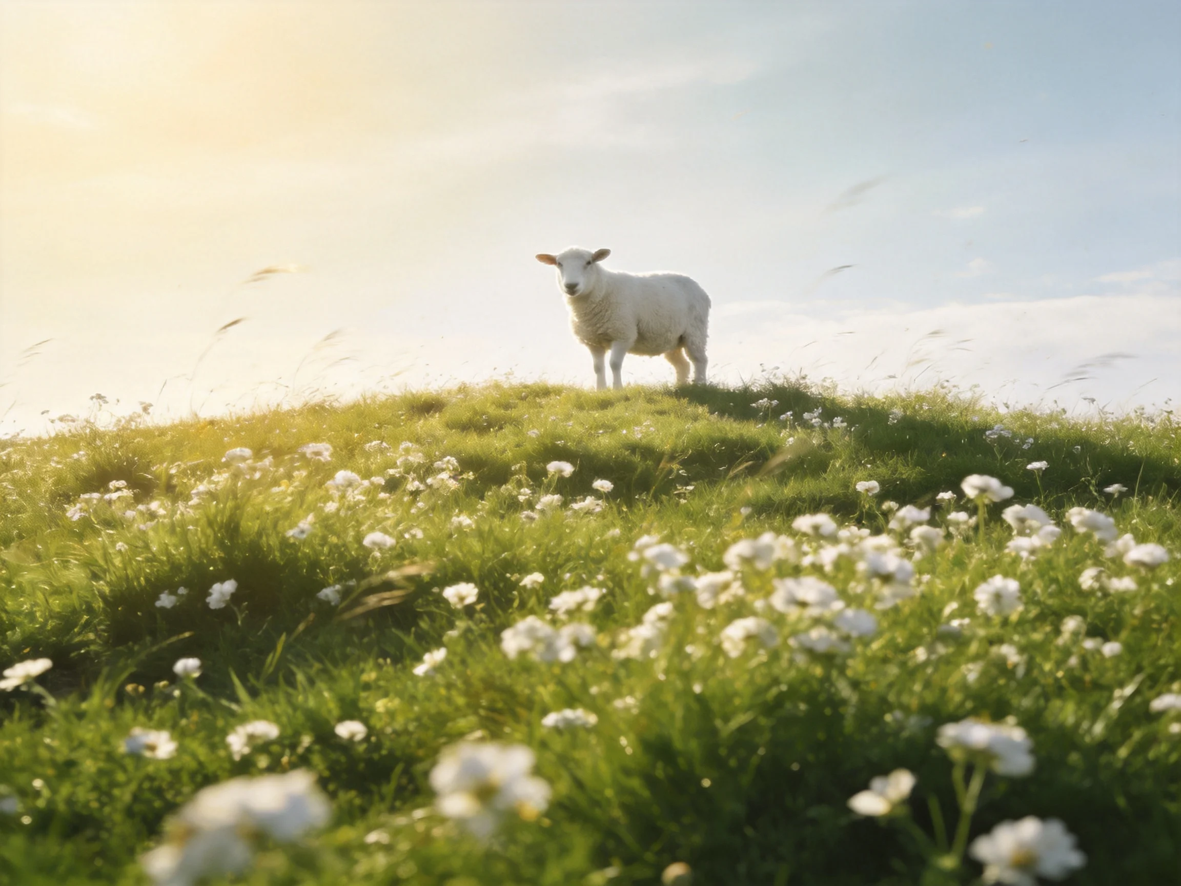 A sheep stands on a flower-covered green hill in a sunlit meadow.