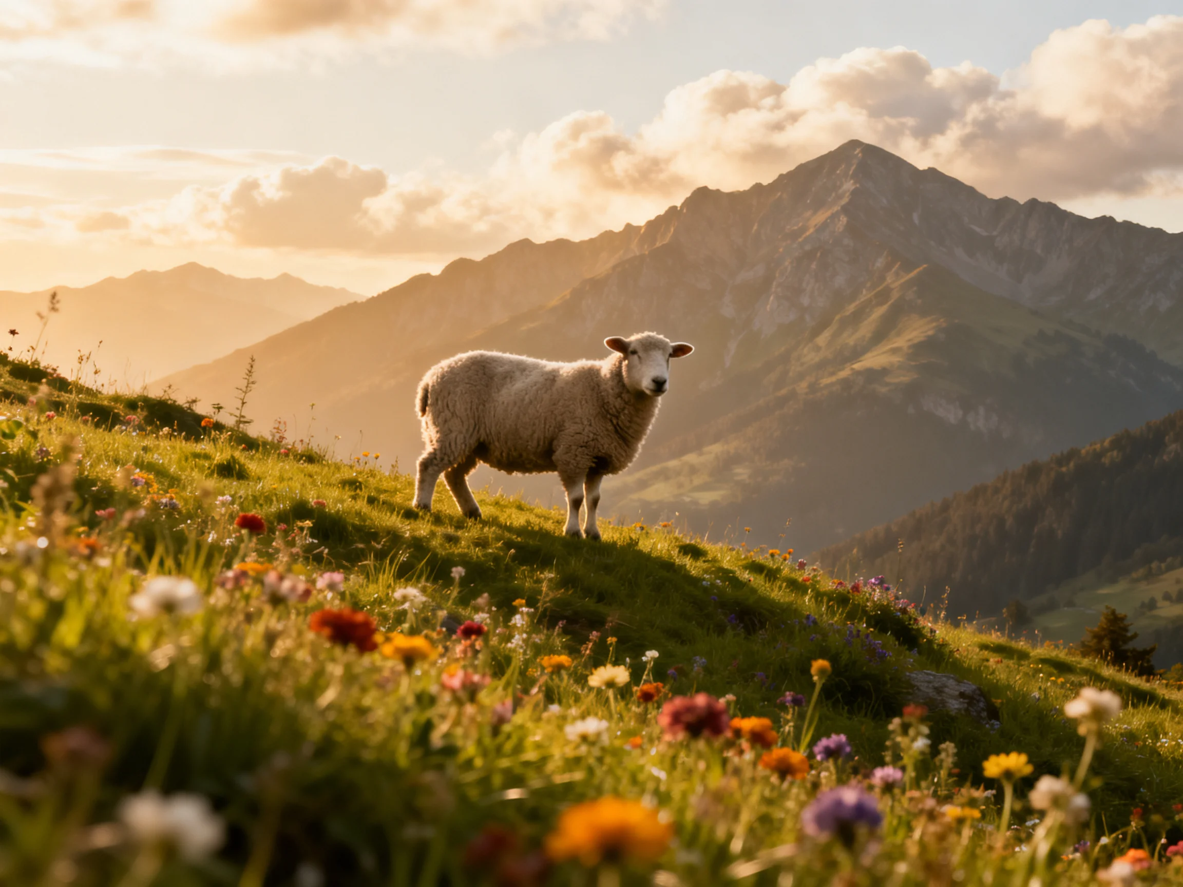 A sheep stands on a flowered green hillside near towering mountains
