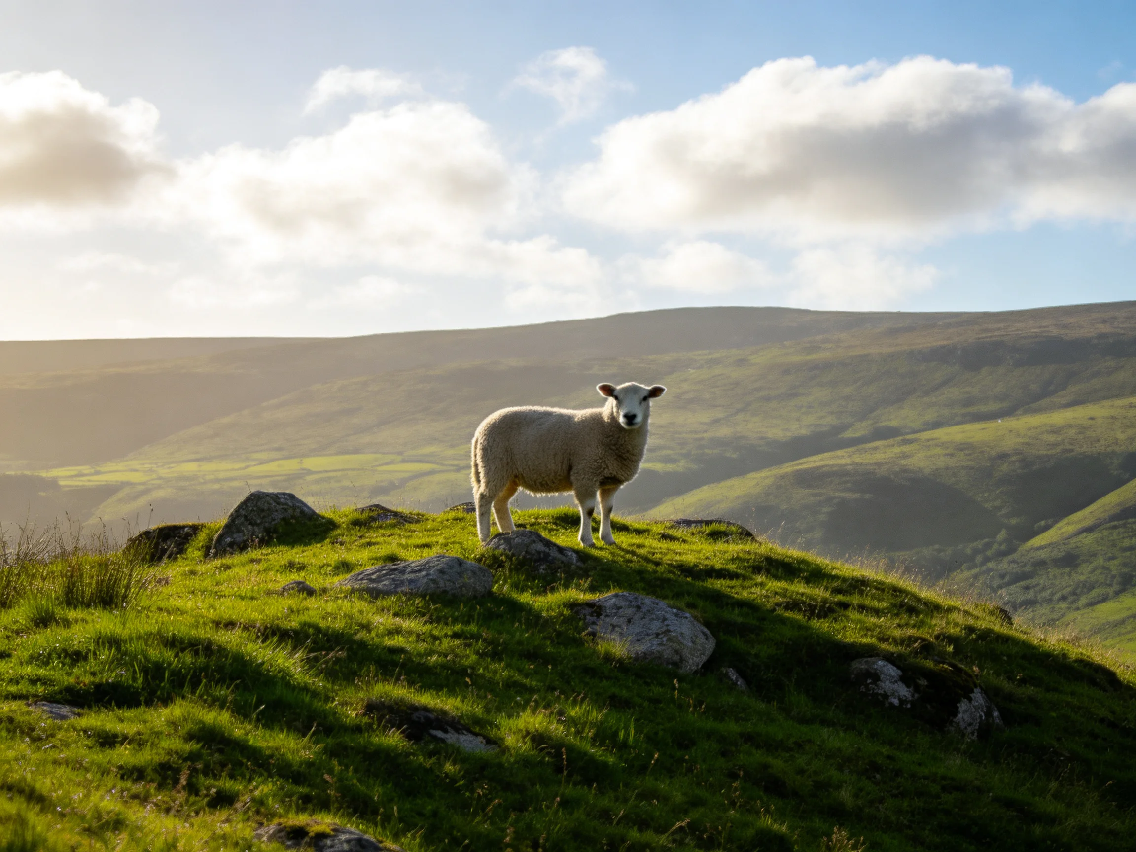A sheep stands on a grassy hilltop with rolling green hills