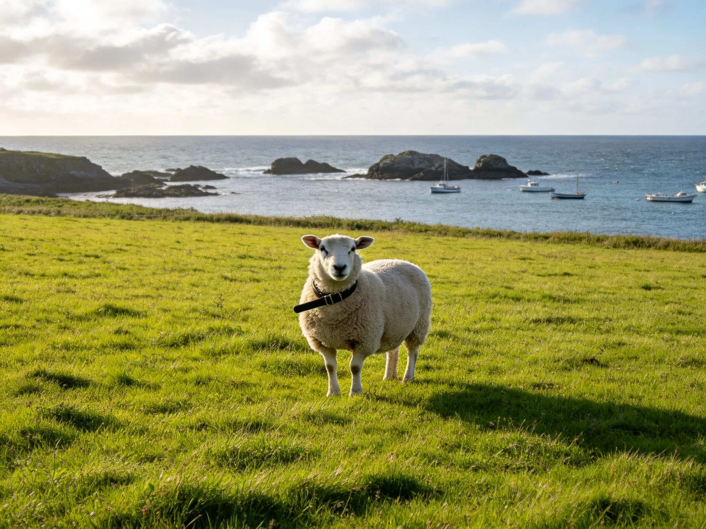 A sheep stands on a lush green field near rocky coastal waters