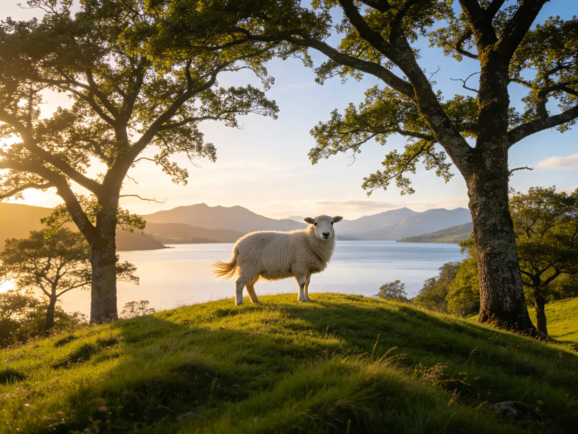 A sheep stands on a lush green hill beside two large trees