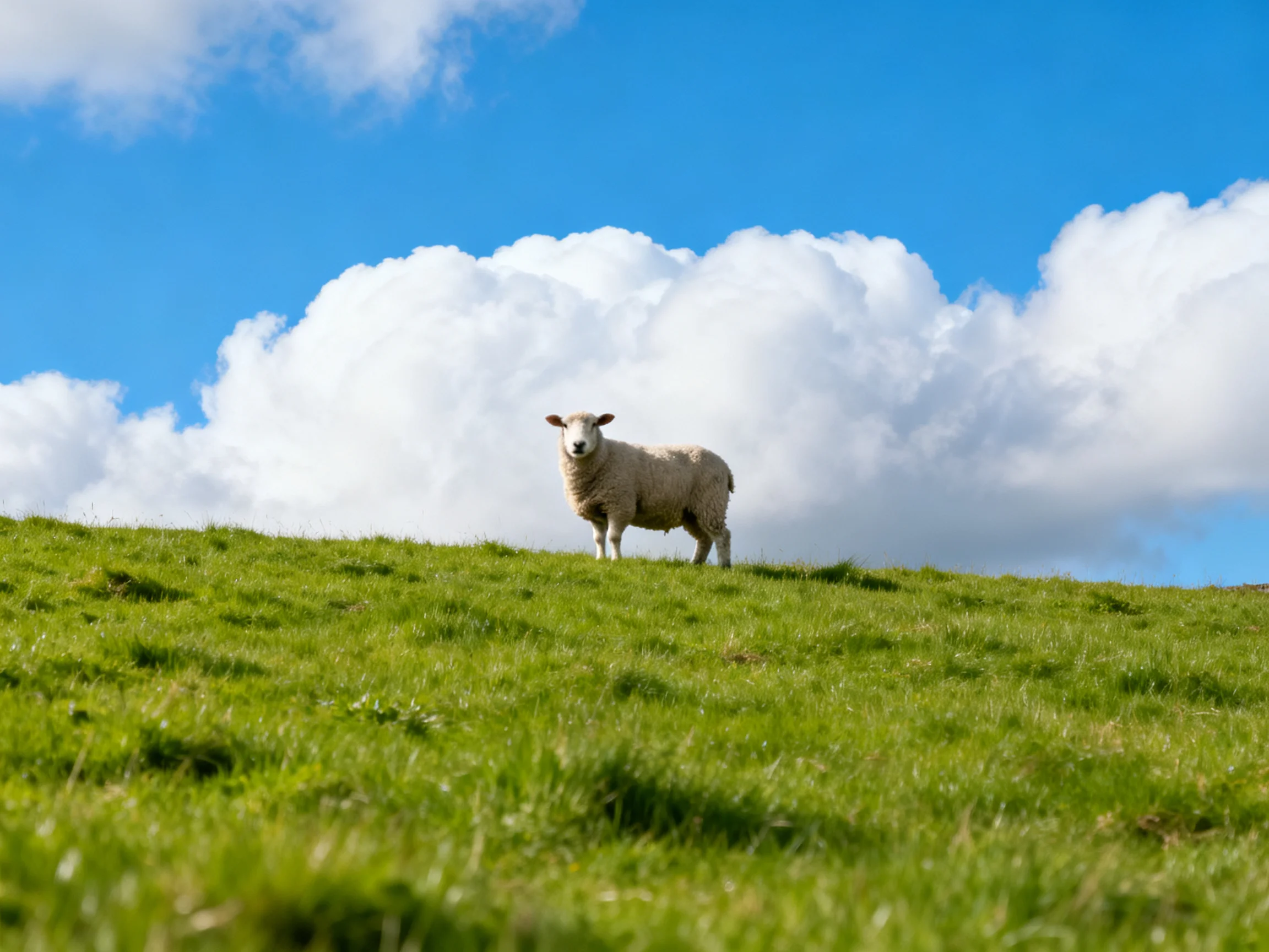 A sheep stands on a lush green hill under a bright blue sky with large white clouds