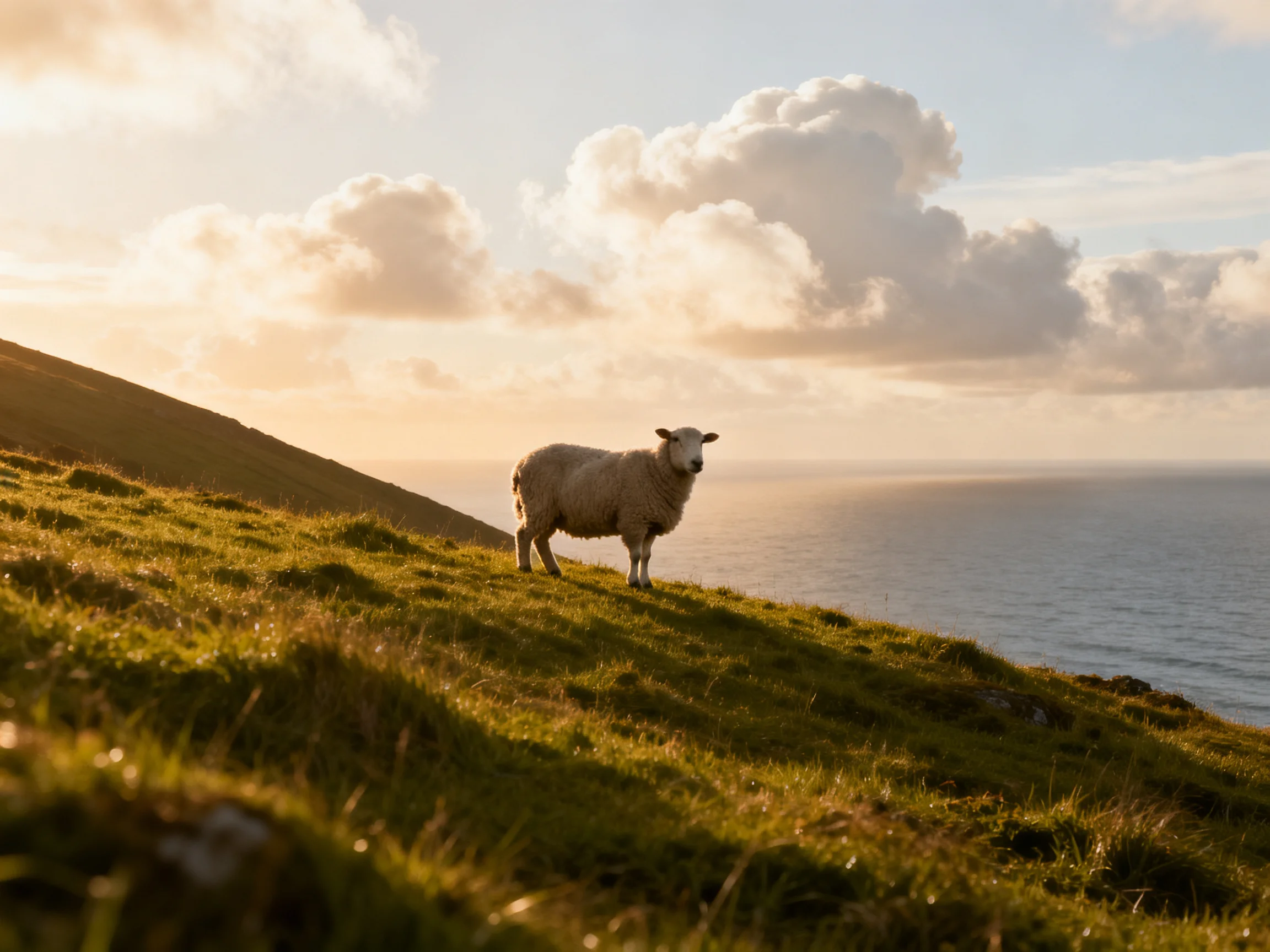 A sheep stands on a lush green hillside by the ocean at sunset