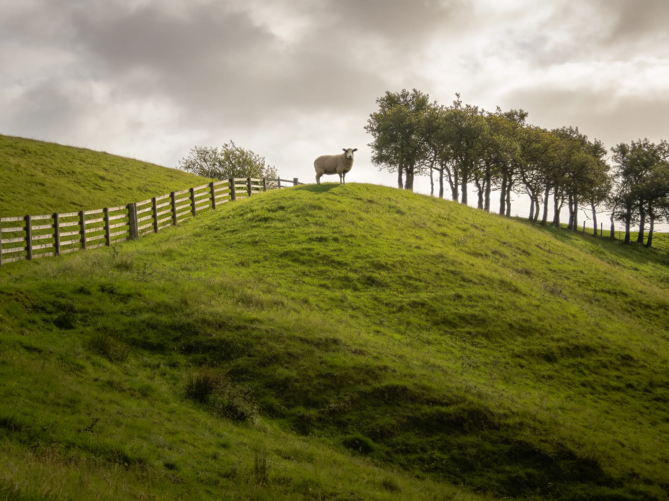 A sheep stands on a lush green hillside with a wooden fence and trees