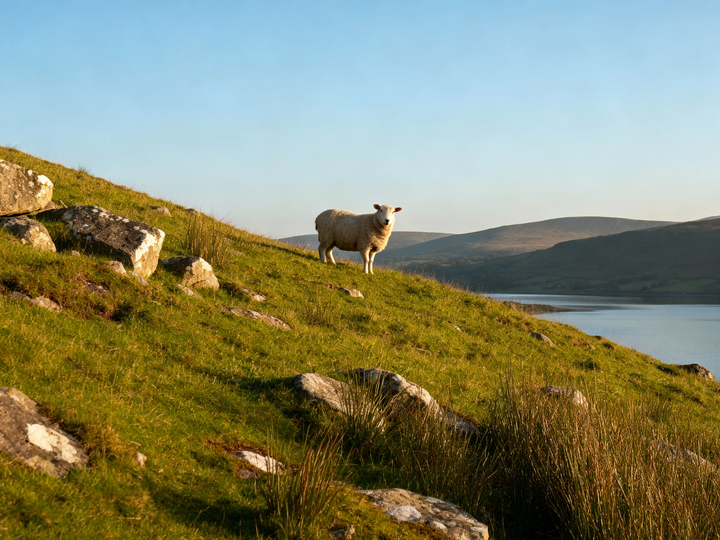 A sheep stands on a lush green hillside with scattered rocks and a calm lake
