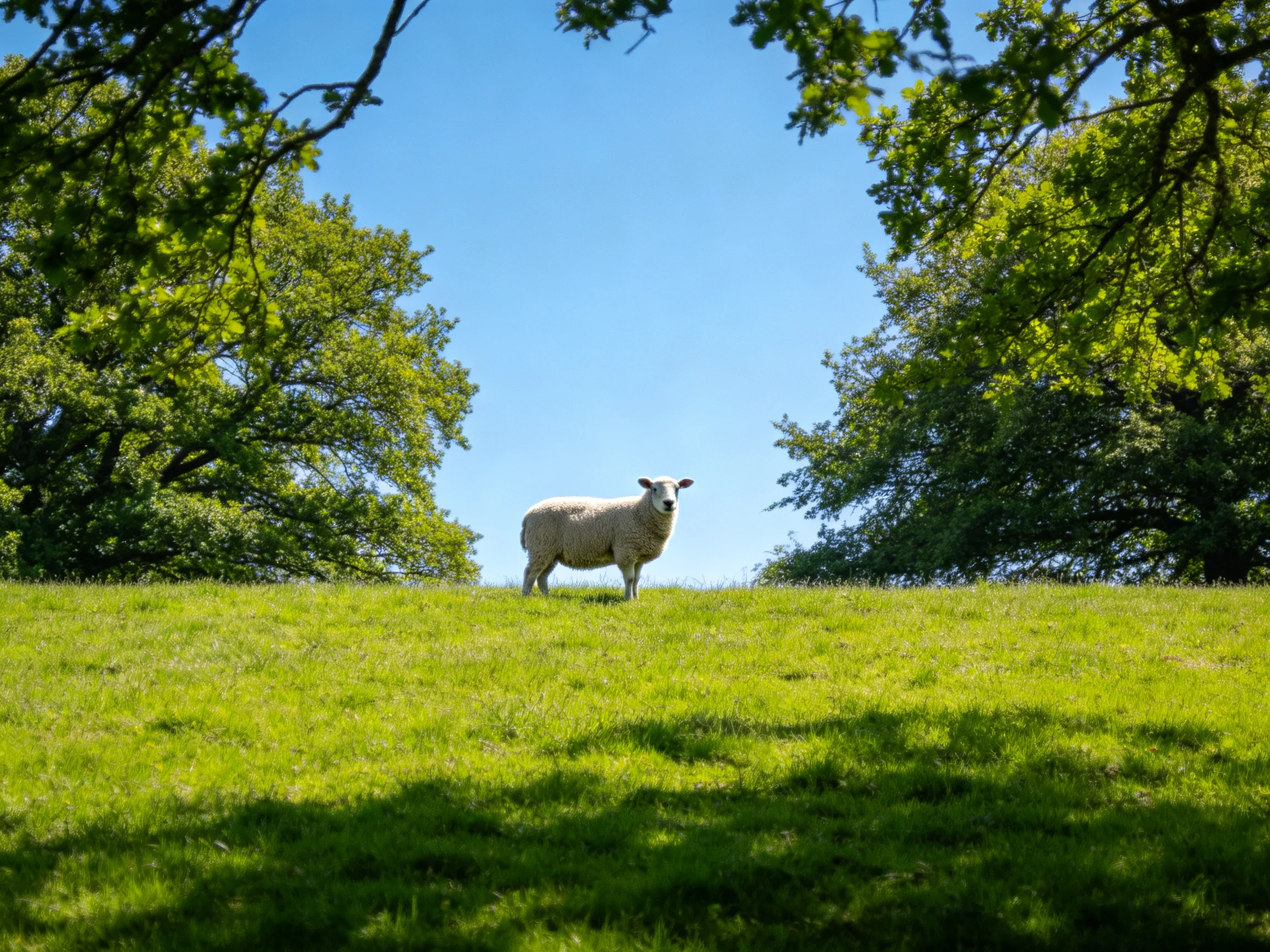 A sheep stands on a lush green hillside with tall trees