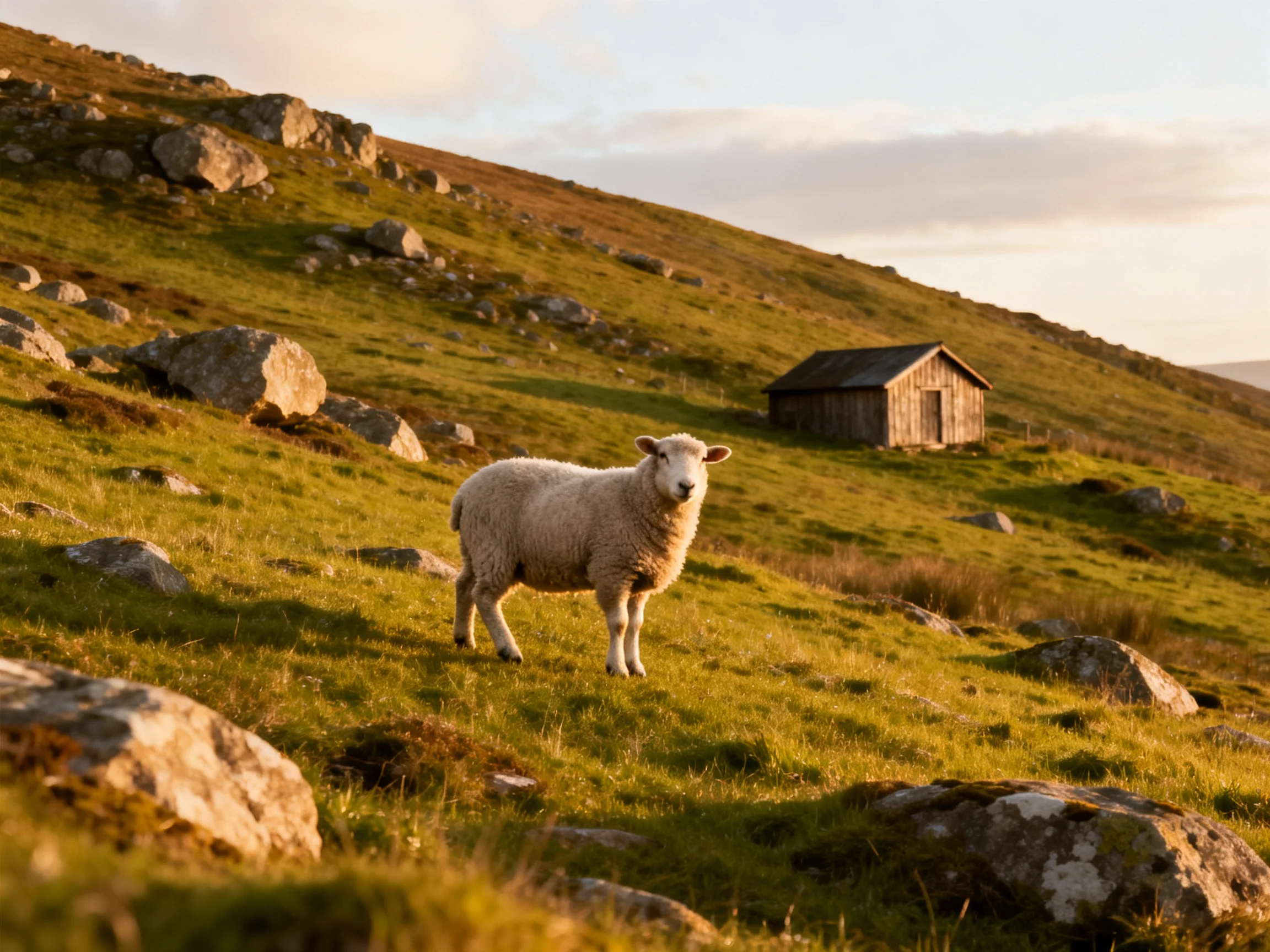 A sheep stands on a rocky, grassy hillside near a wooden shed