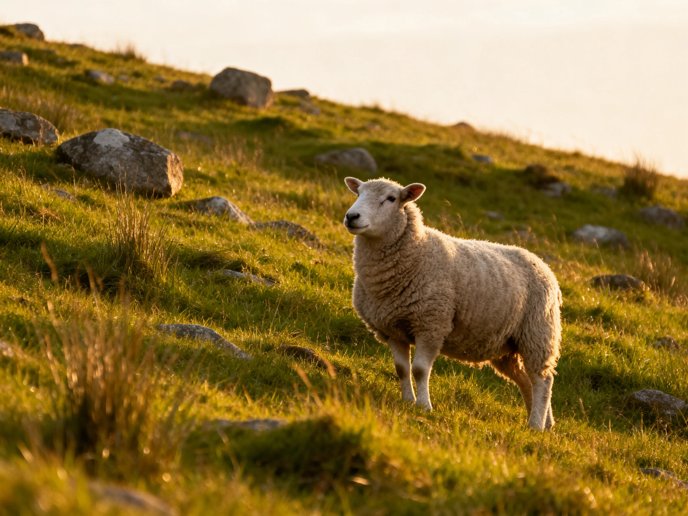 A sheep stands on a rocky green hillside under golden light