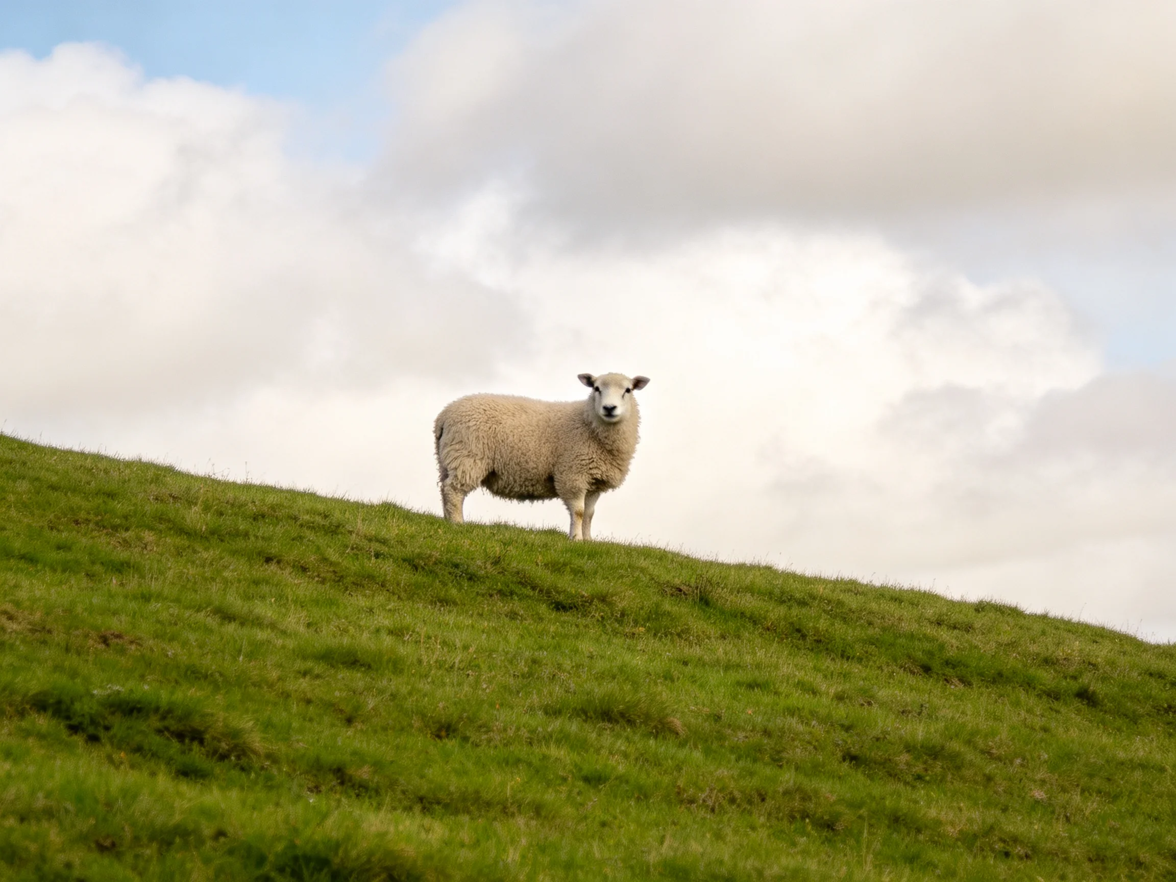 A sheep stands on a verdant hill under cloudy skies