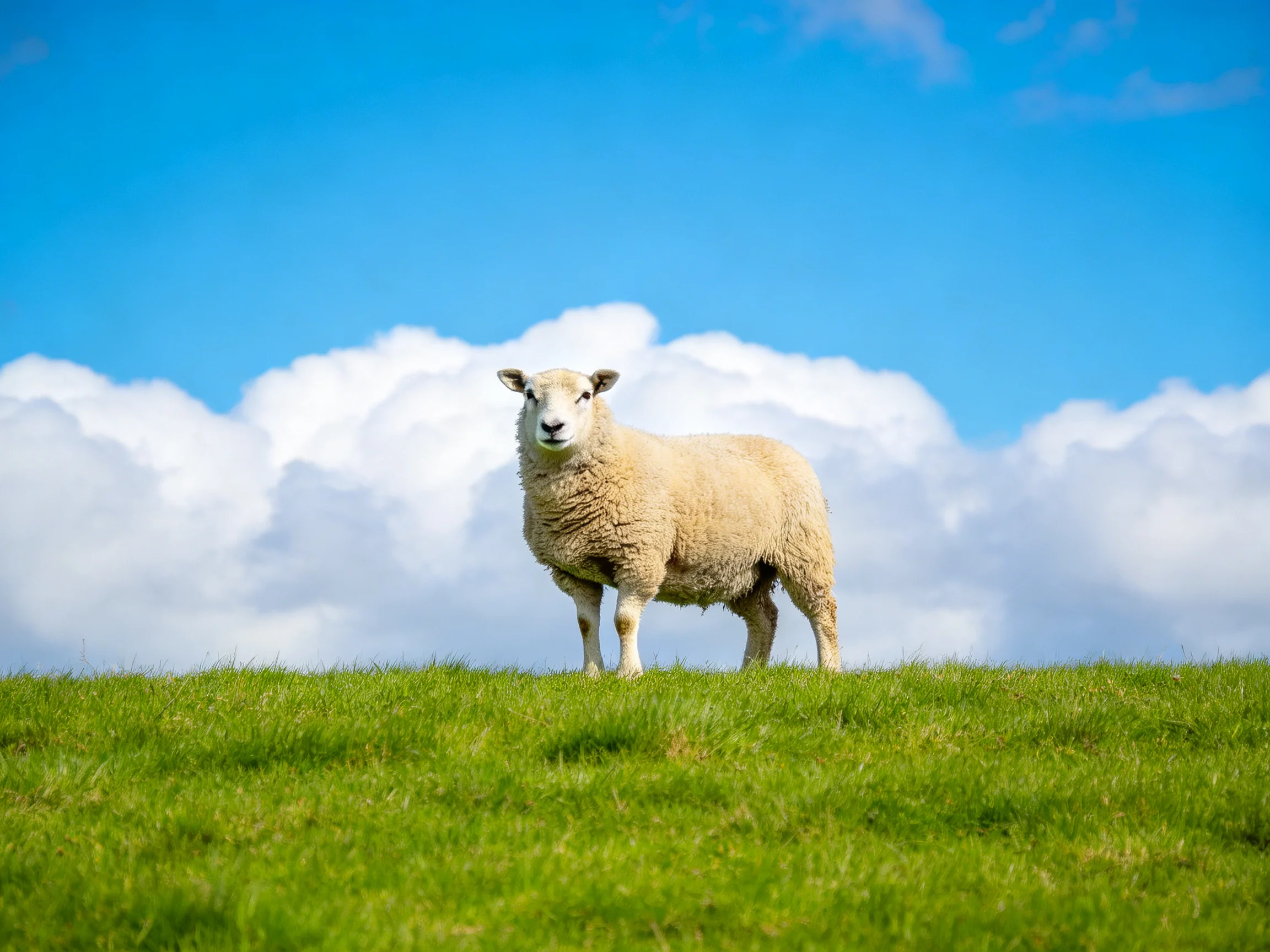A sheep stands on lush green grass beneath a bright blue sky