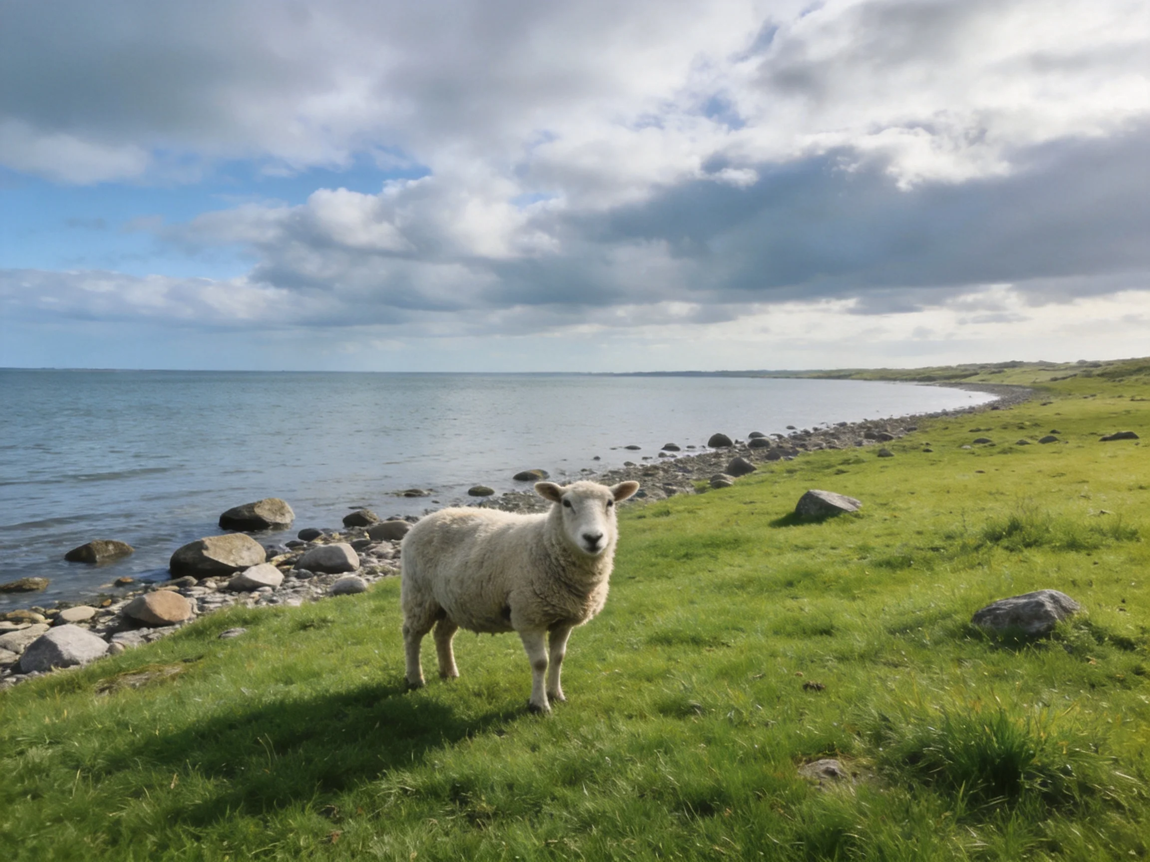 A sheep stands on lush green grass near rocky shoreline