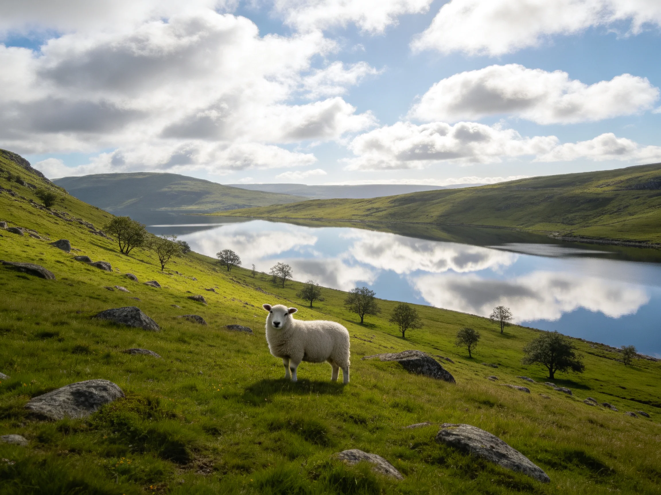 A sheep stands on lush green hillside by calm reflective lake