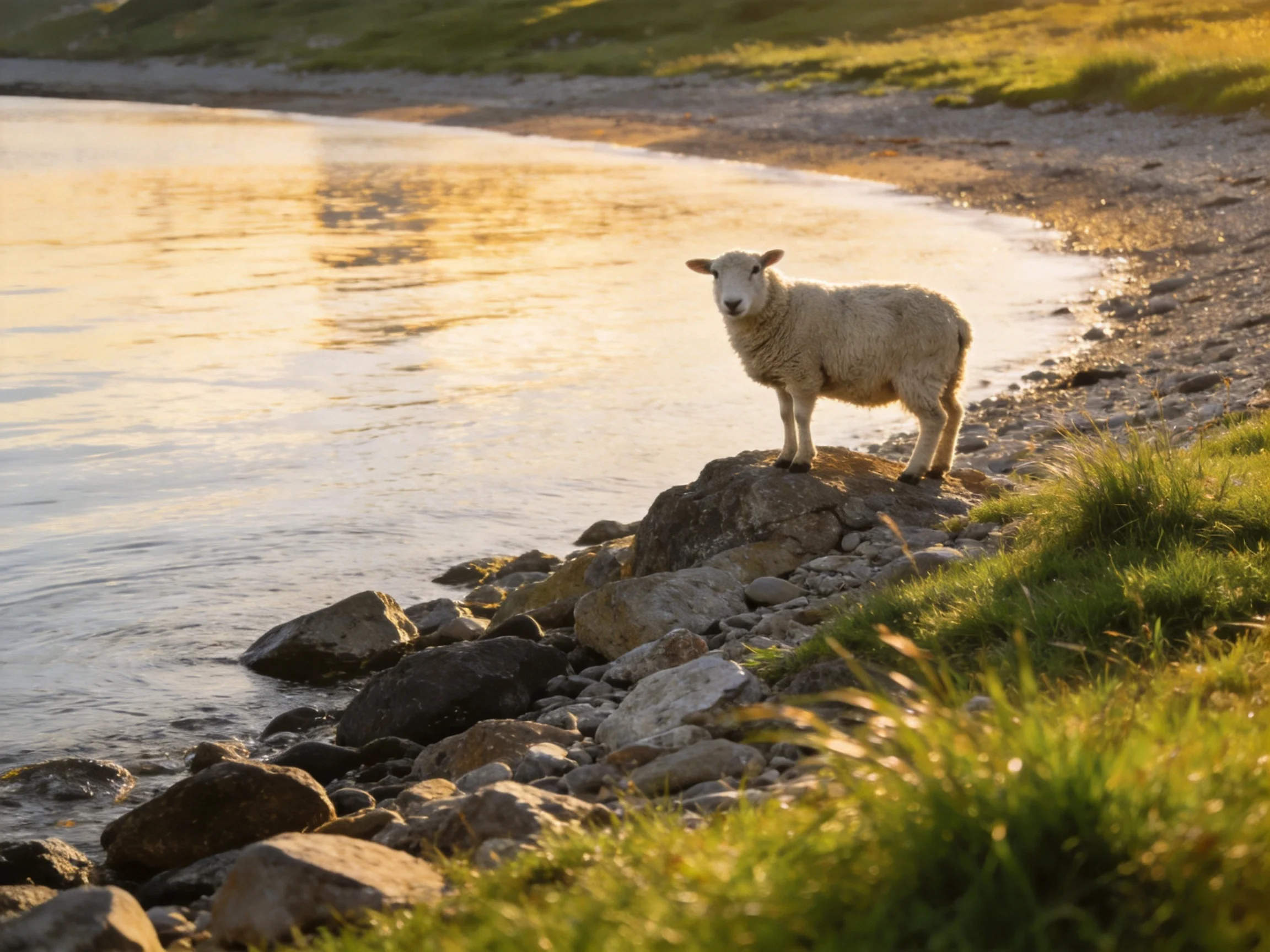 A sheep stands on rocky shore by calm water at golden hour