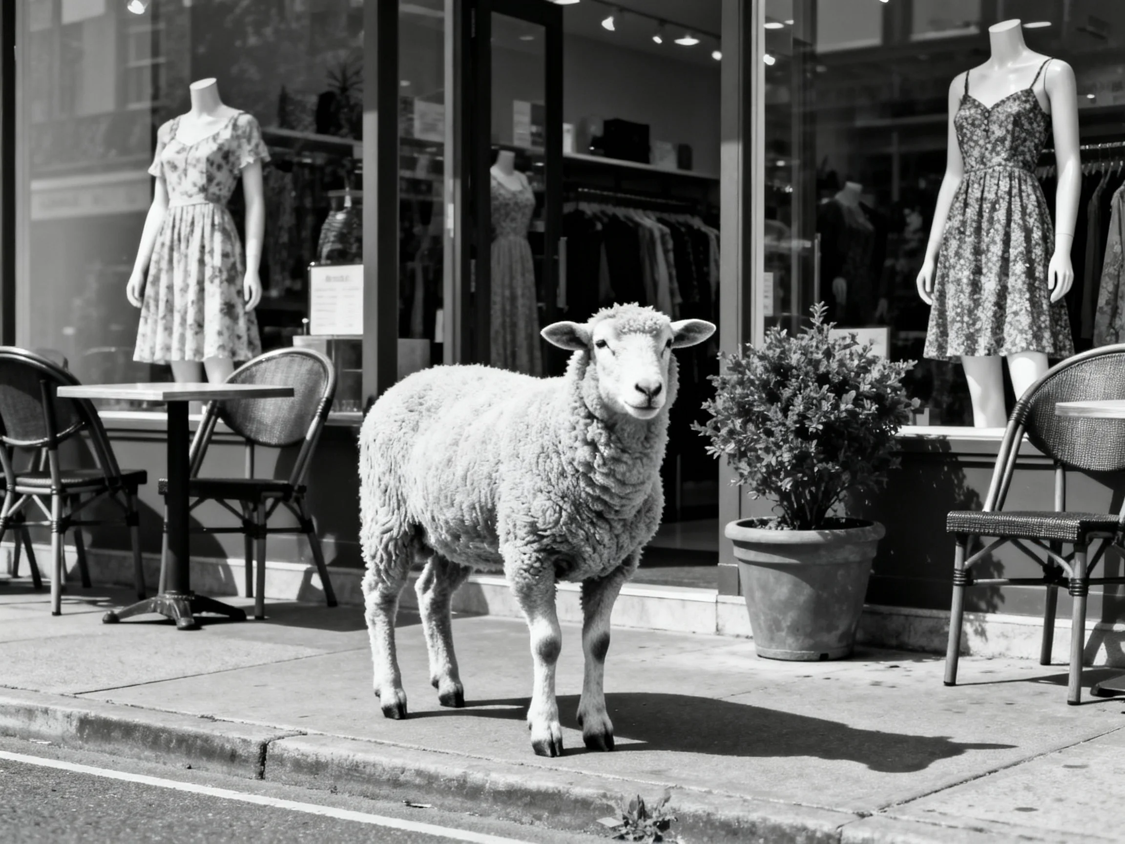 A sheep stands outside a dress shop with mannequins and outdoor seating