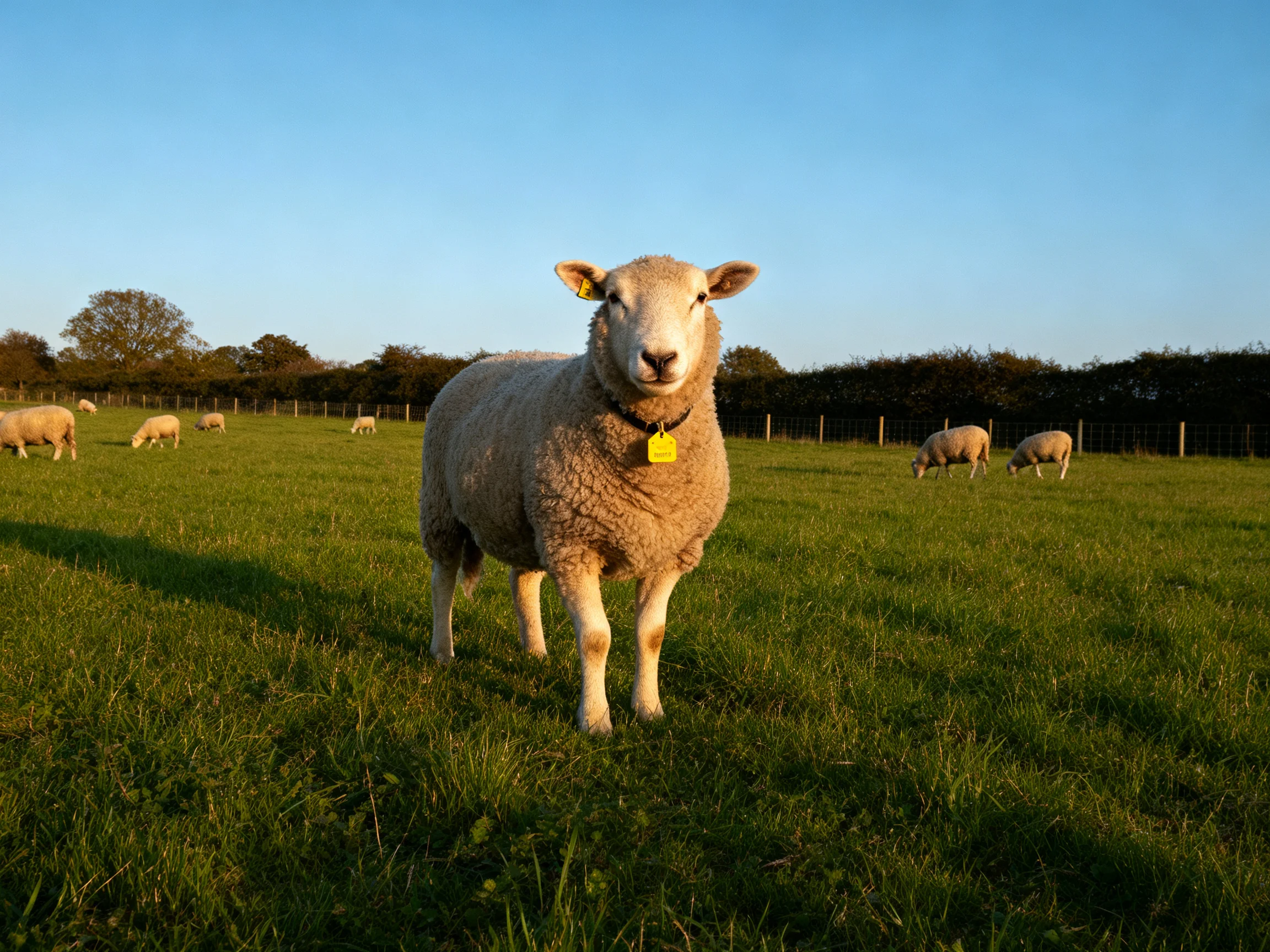 A sheep stands prominently in a sunlit green pasture