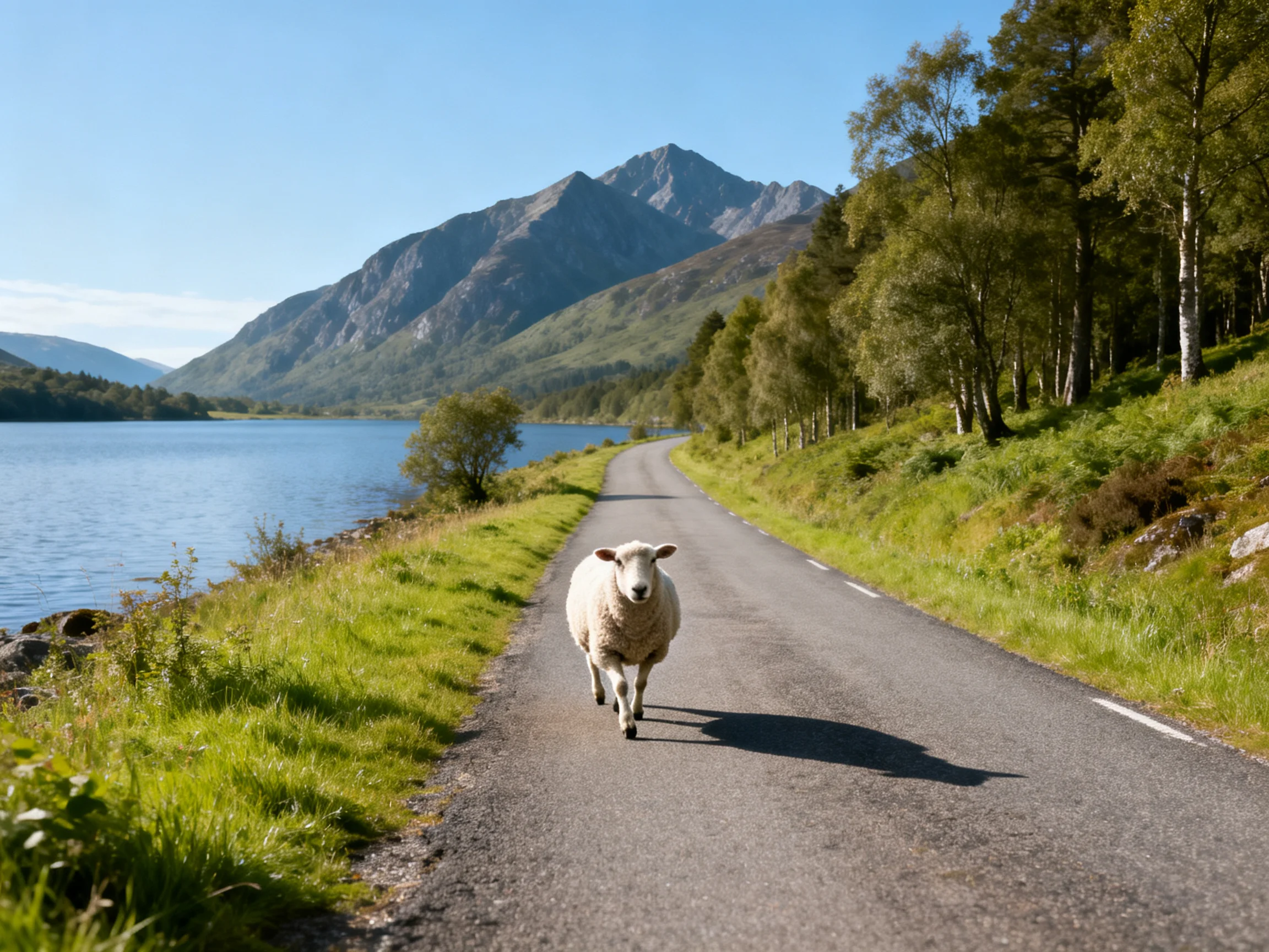 A sheep walks along a paved road beside a serene lake