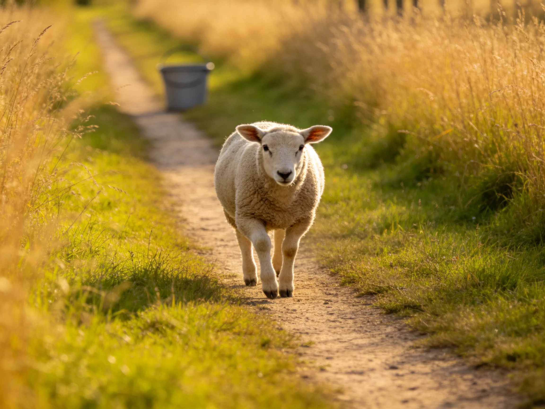 A sheep walks along a sunlit dirt path between golden grasses