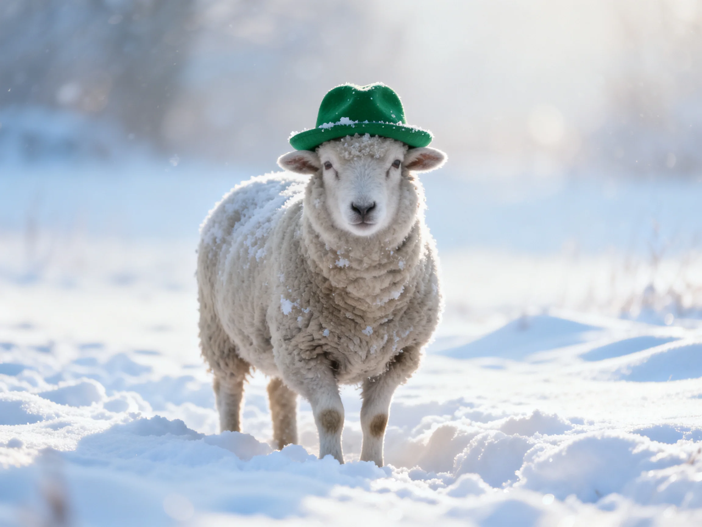 A sheep wearing a green hat in a snowy landscape