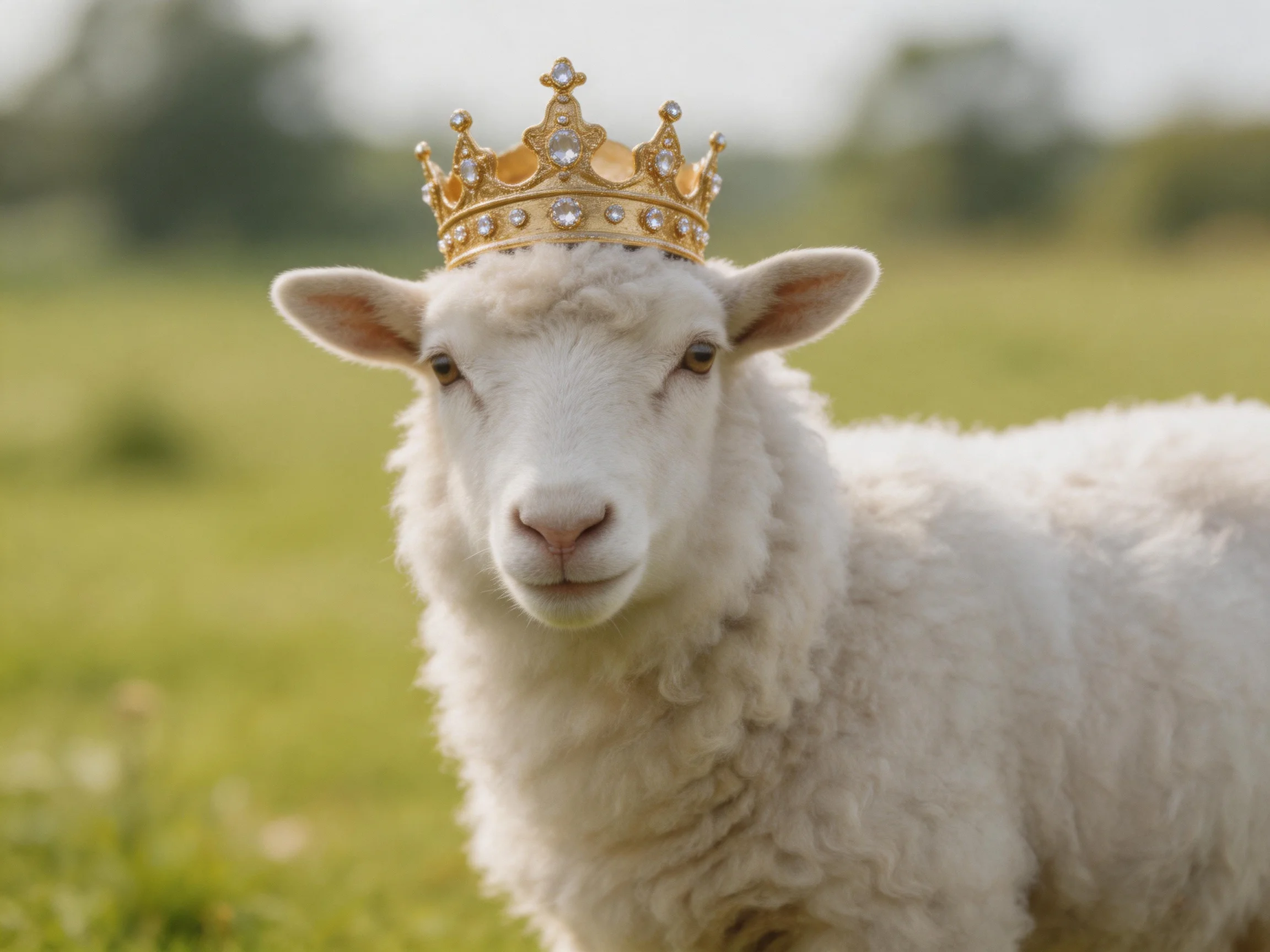 A sheep wearing an ornate golden crown in a green meadow