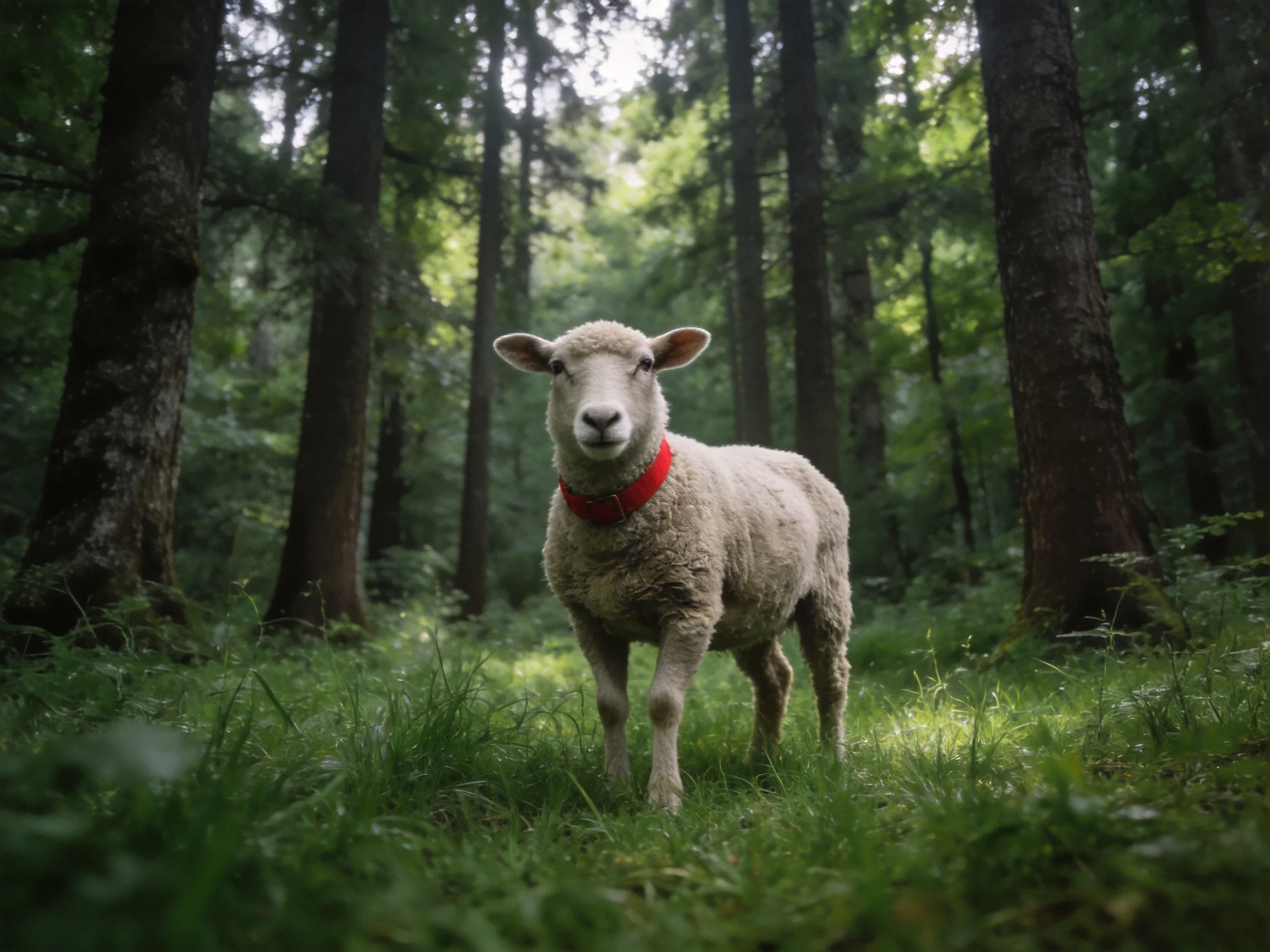 A sheep with a bright red collar in a sunlit forest
