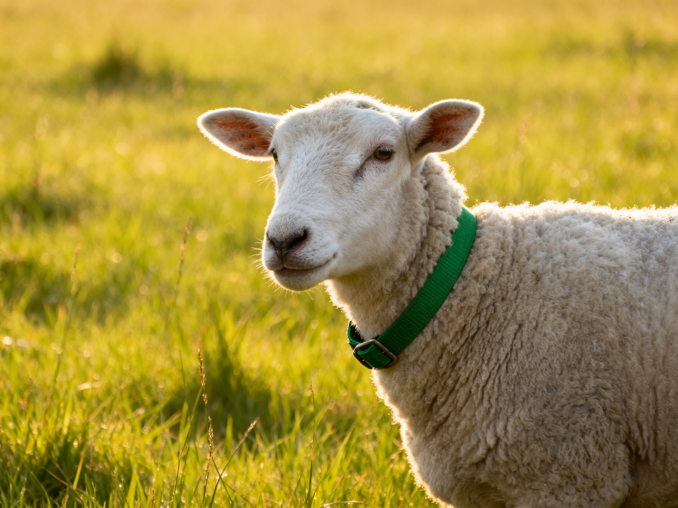 A sheep with a green collar stands in a sunlit grassy field