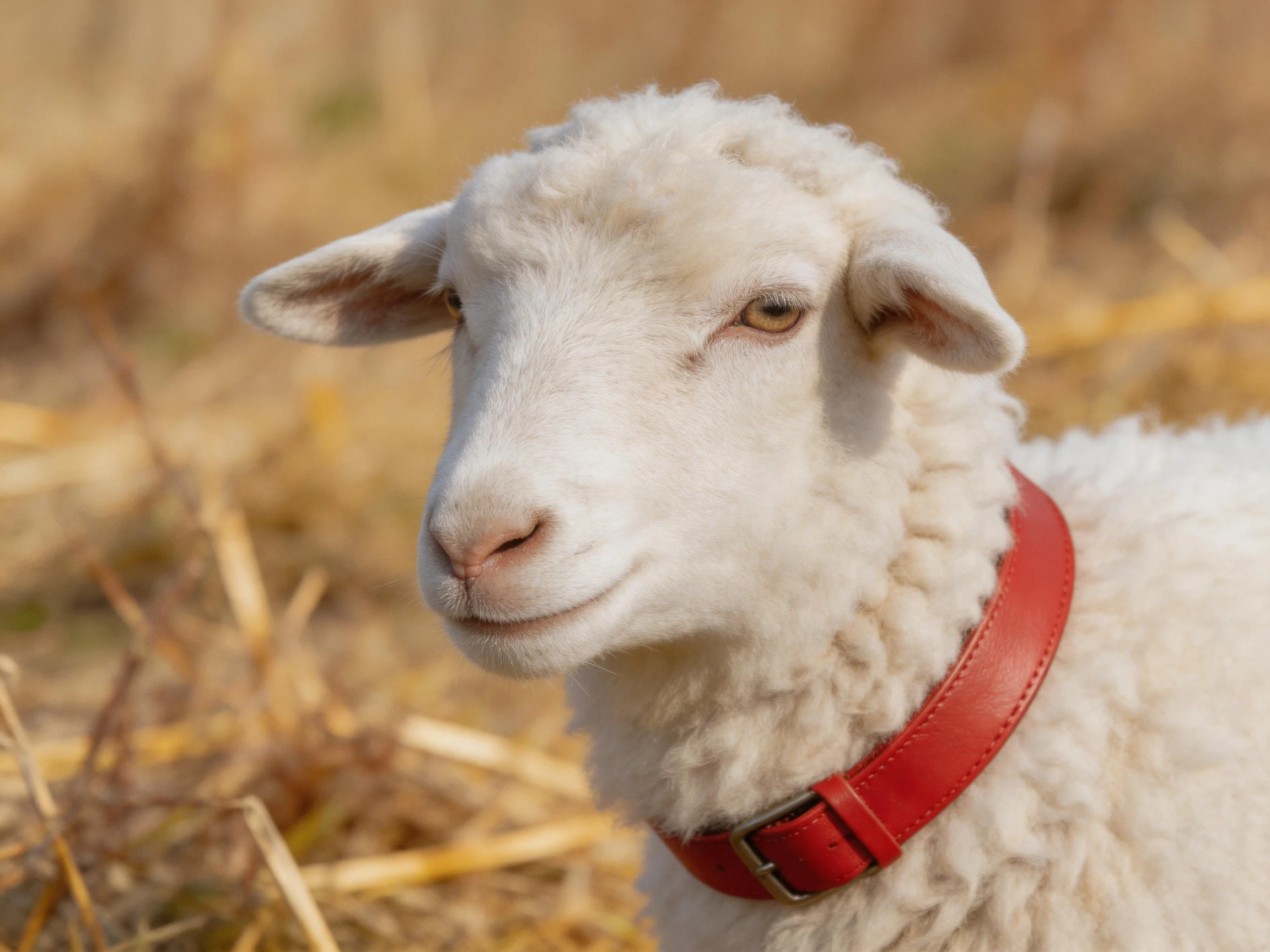 A sheep with a red collar in a golden field