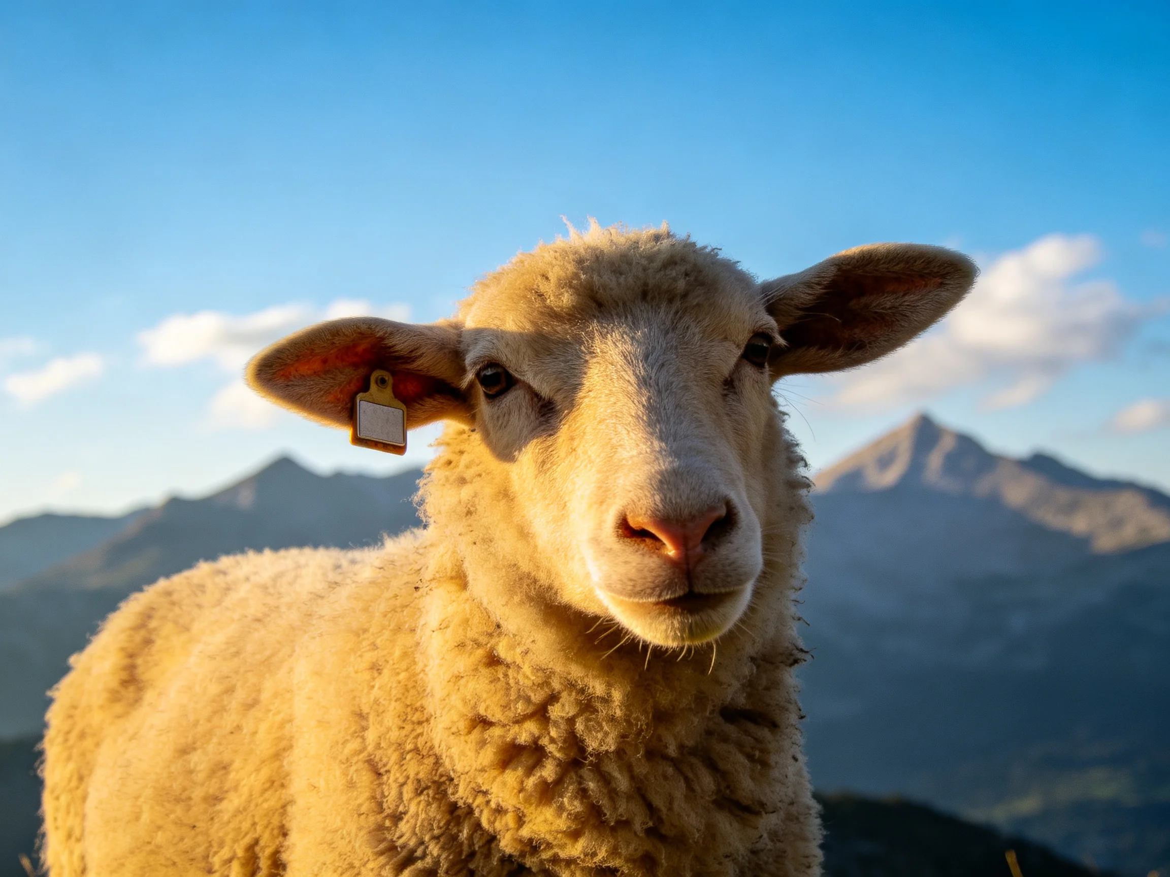 A sheep with an ear tag stands before mountainous terrain under bright blue sky