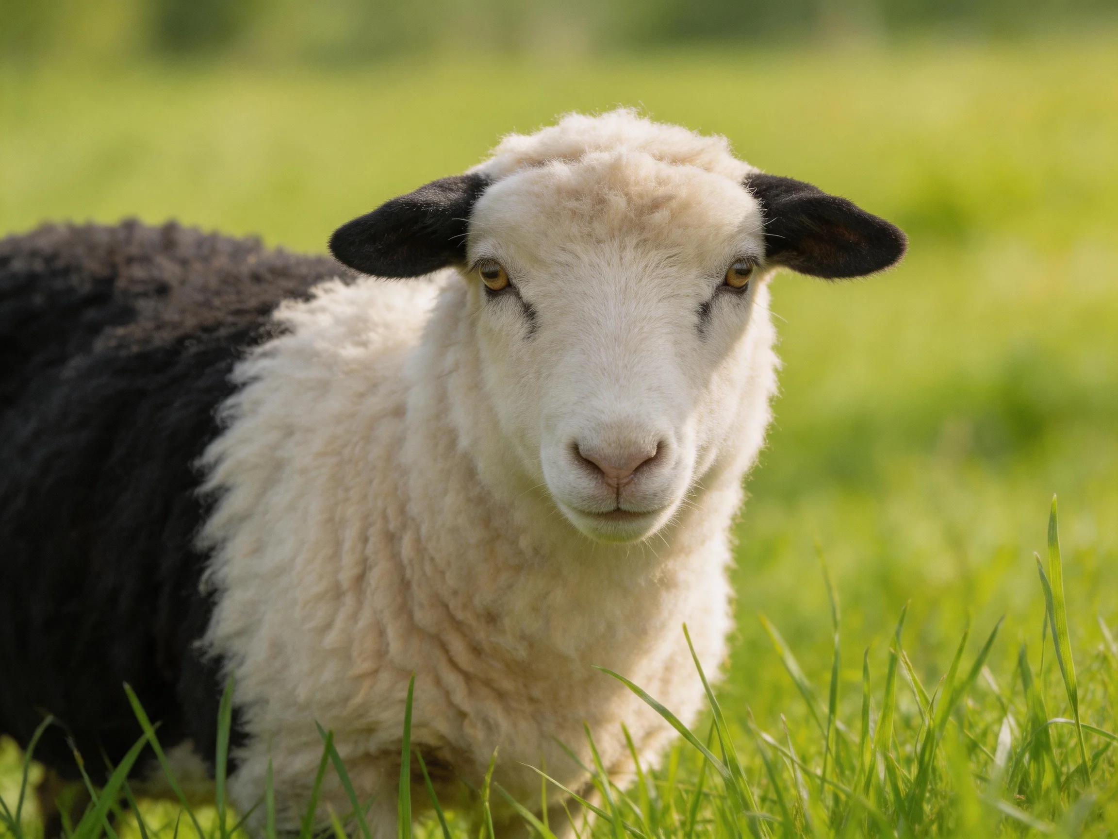 A sheep with black and white wool in a sunlit meadow